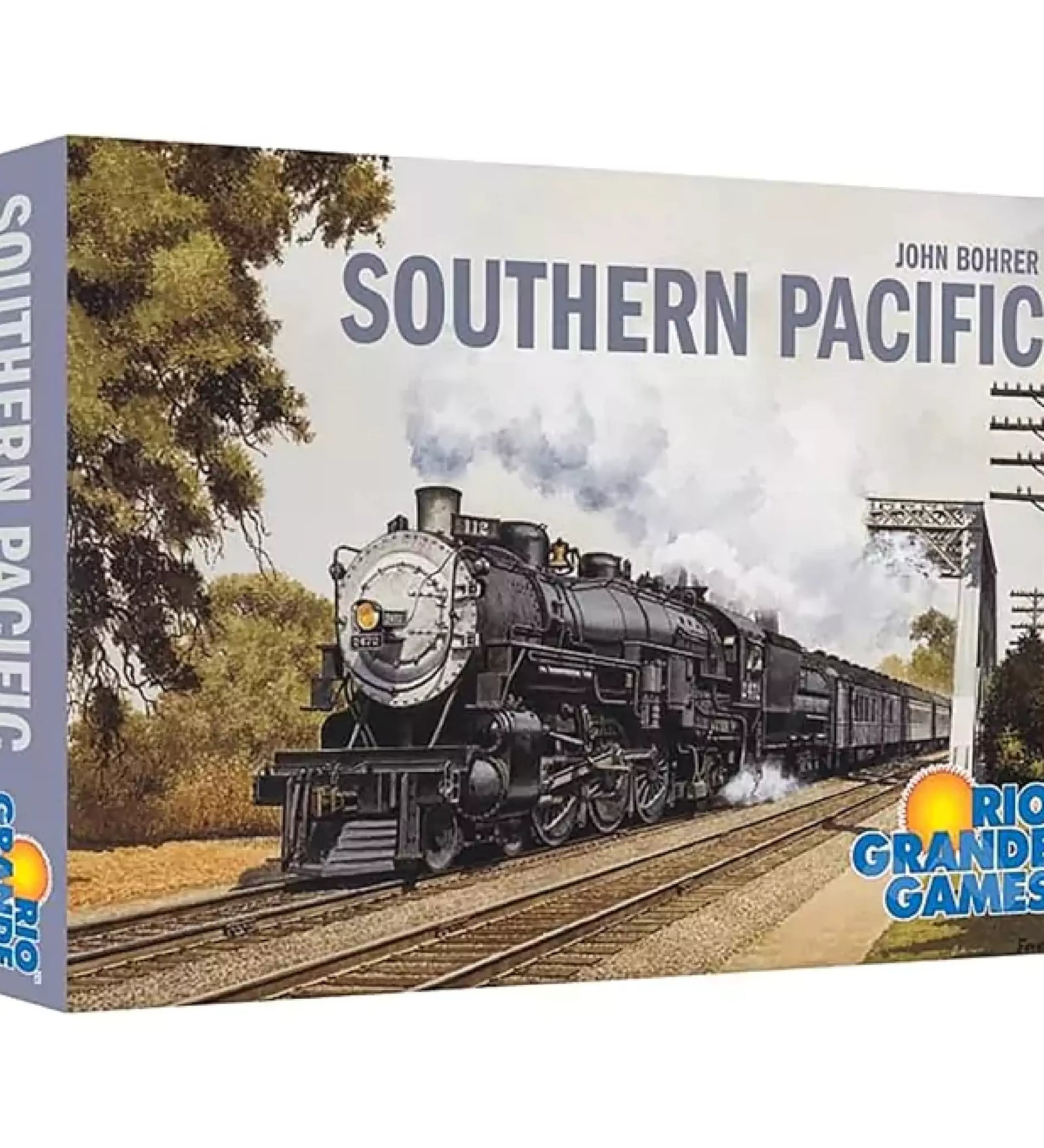 Southern Pacific – A doboz borítója a Southern Pacific társasjátéknak, amely egy gőzmozdonyt ábrázol, és a Rio Grande Games logóját tartalmazza.