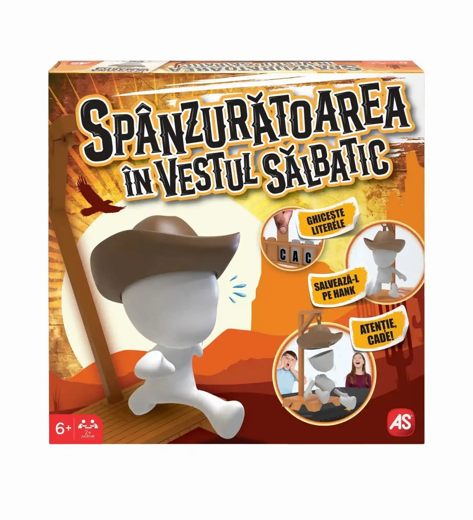 estul Sălbatic román nyelvű társasjáték doboza western témájú akasztófa szókirakó játékkal 6 éves kortól.
