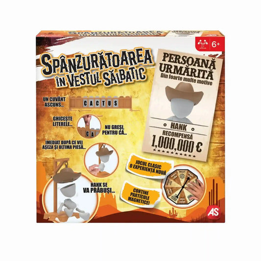 A Spânzurătoarea în Vestul Sălbatic társasjáték hátoldala, amely bemutatja a játékmenetet, a betűkirakót, a forgatható kereket és a mágneses figurát.