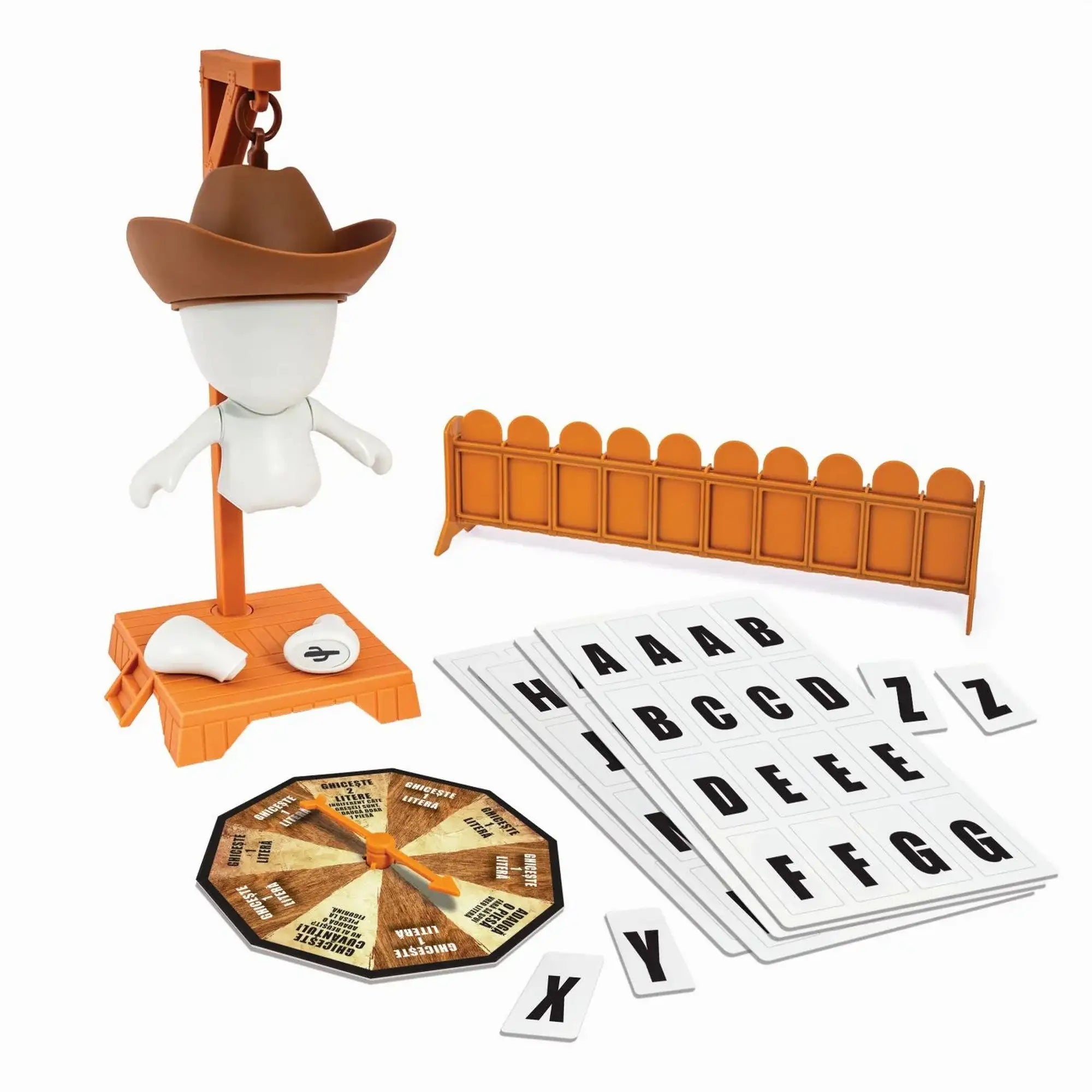 A Spânzurătoarea în Vestul Sălbatic társasjáték teljes tartalma: mágneses cowboy figura, betűlapok, forgatókerék és szókirakó tábla.