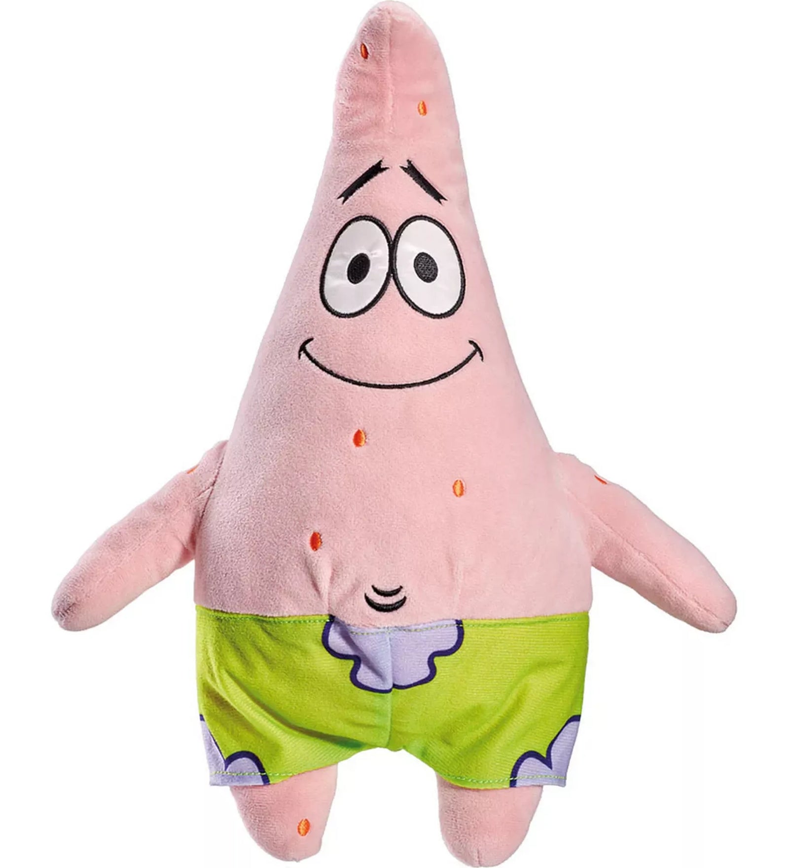 SpongeBob Patrick plüssfigura elölnézetből, mosolygós arccal és zöld-lila virágmintás nadrágban.