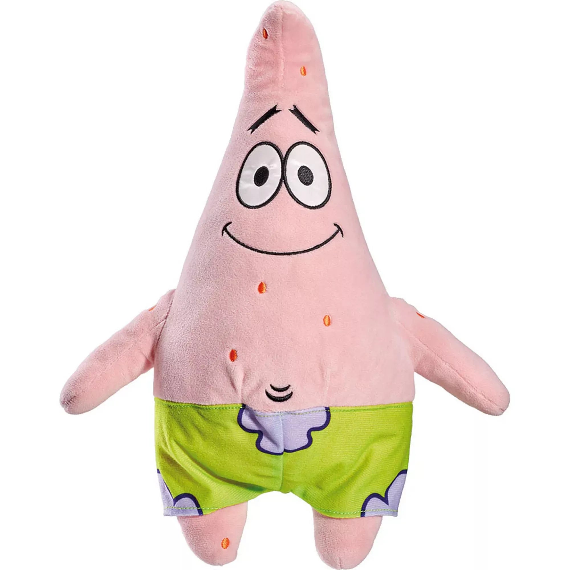 SpongeBob Patrick plüssfigura elölnézetből, mosolygós arccal és zöld-lila virágmintás nadrágban.