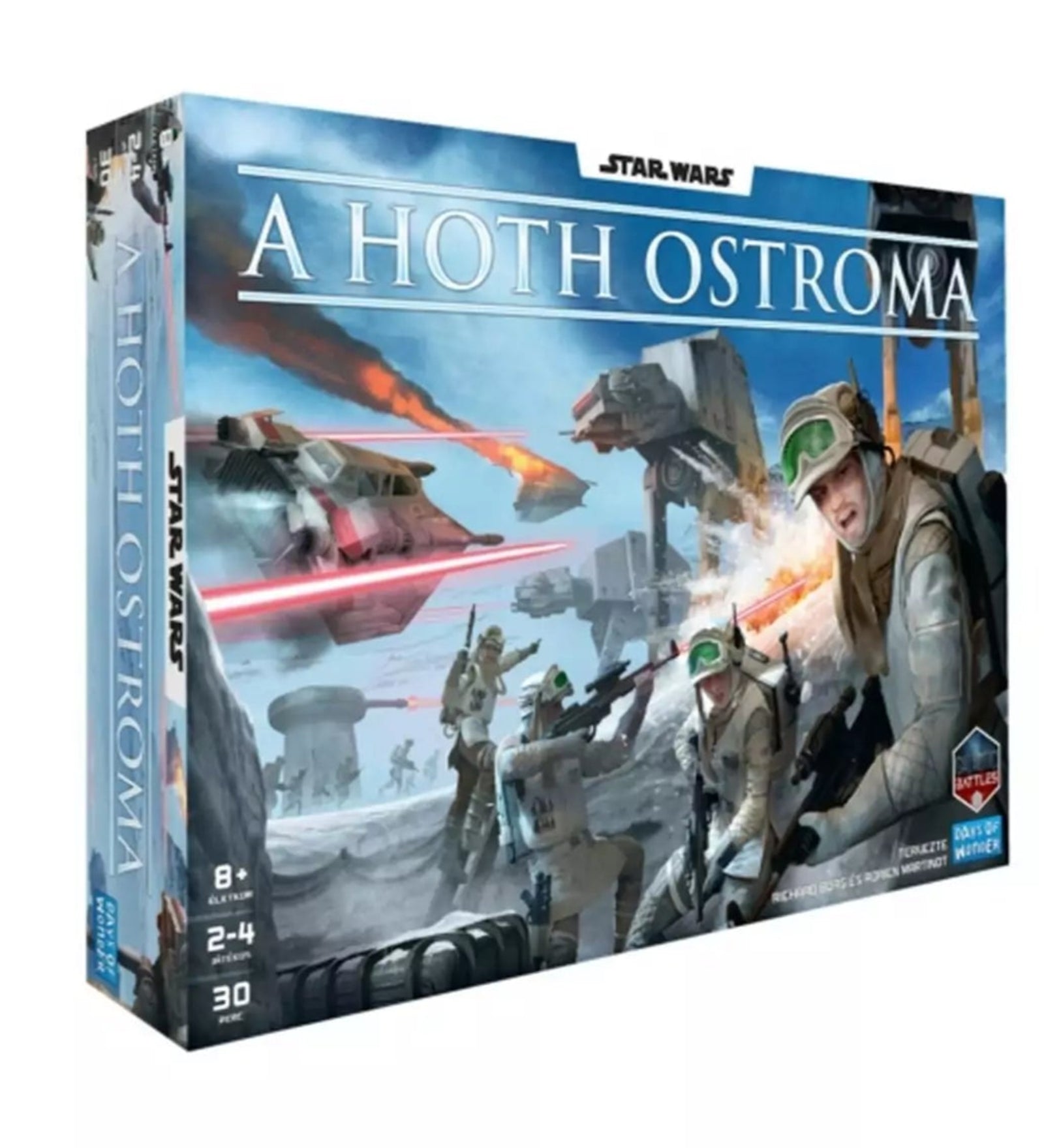 A Star Wars: A Hoth ostroma társasjáték doboza, amelyen a lázadók és a Birodalom legendás hoth-i csatája látható lépegetőkkel és hósiklókkal.