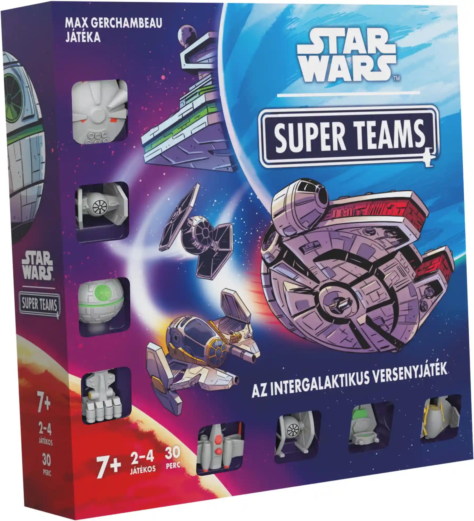 Star Wars: Super Teams magyar nyelvű társasjáték dobozképe űrhajókkal, Millennium Falcon grafikával és játékelemekkel a csomagoláson.