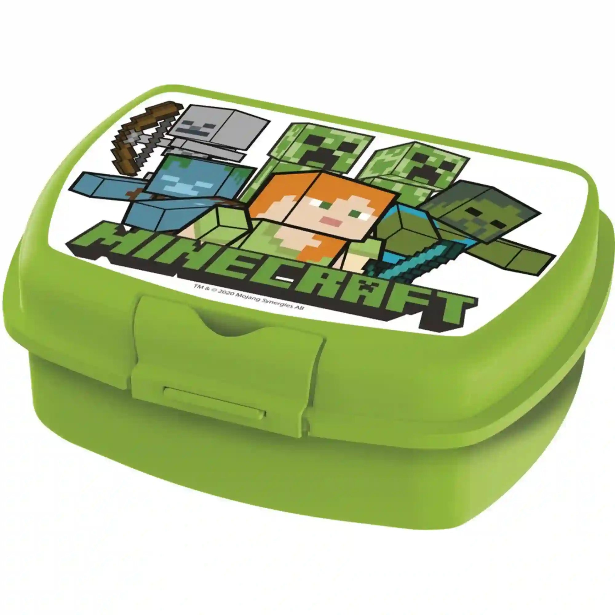 STOR Minecraft mintás, kompakt uzsonnásdoboz zárható fedéllel, 18 × 14 × 7 cm – világoszöld uzsonnásdoboz Minecraft logóval, Alex, Creeper és más Minecraft karakterek mintájával a fehér fedélen, elülső zöld zárófüllel, fehér háttér előtt.