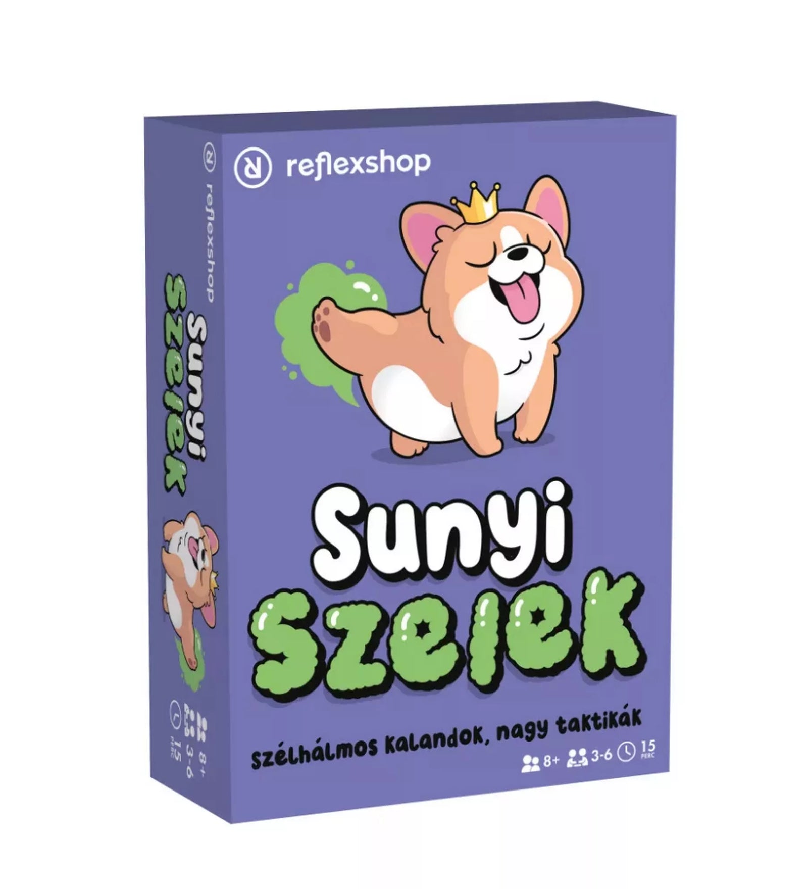 A Sunyi szelek társasjáték doboza lila háttérrel, középen egy koronás, nevető corgi kutyával, aki zöld füstöt ereget. A Reflexshop logó és a játék mottója is látható: „Szélhálmos kalandok, nagy taktikák”.