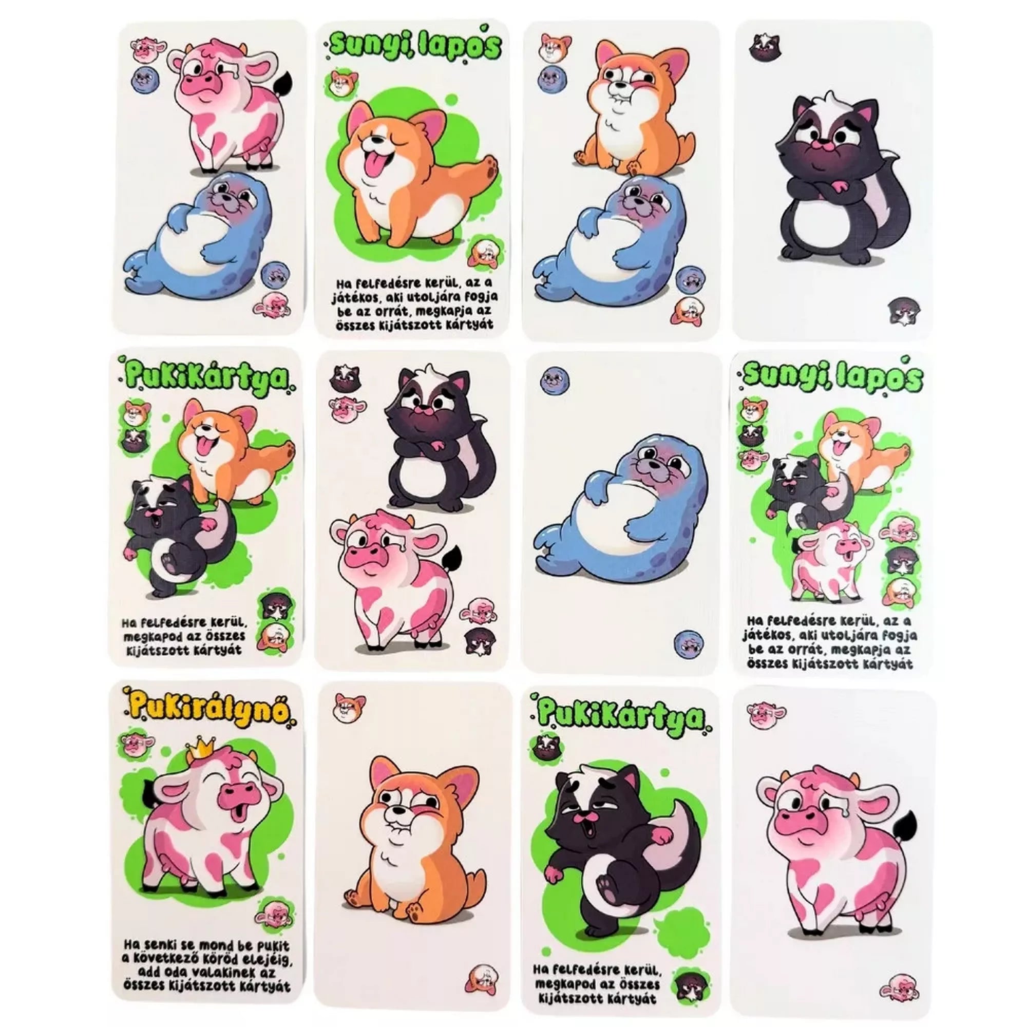 Közelkép a Sunyi szelek kártyáiról, amelyeken vidám, rajzfilmszerű állatok szerepelnek – például kutya, tehén, fóka és borz –, mindegyik humoros felirattal és külön funkcióval.