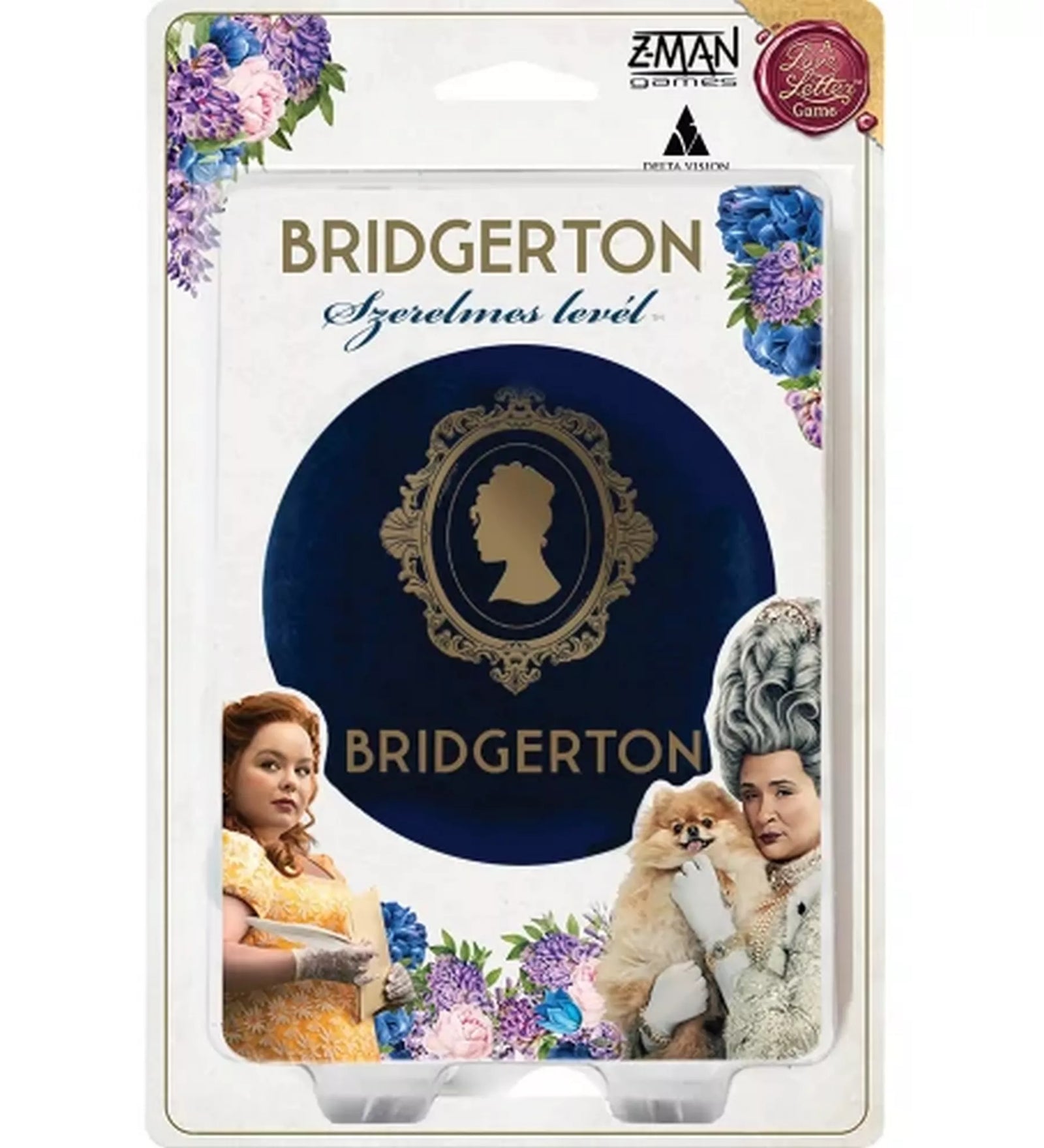 Szerelmes Levél: Bridgerton kártyajáték dobozkép, elegáns Bridgerton dizájn, Lady Whistledown sziluett, Love Letter univerzum