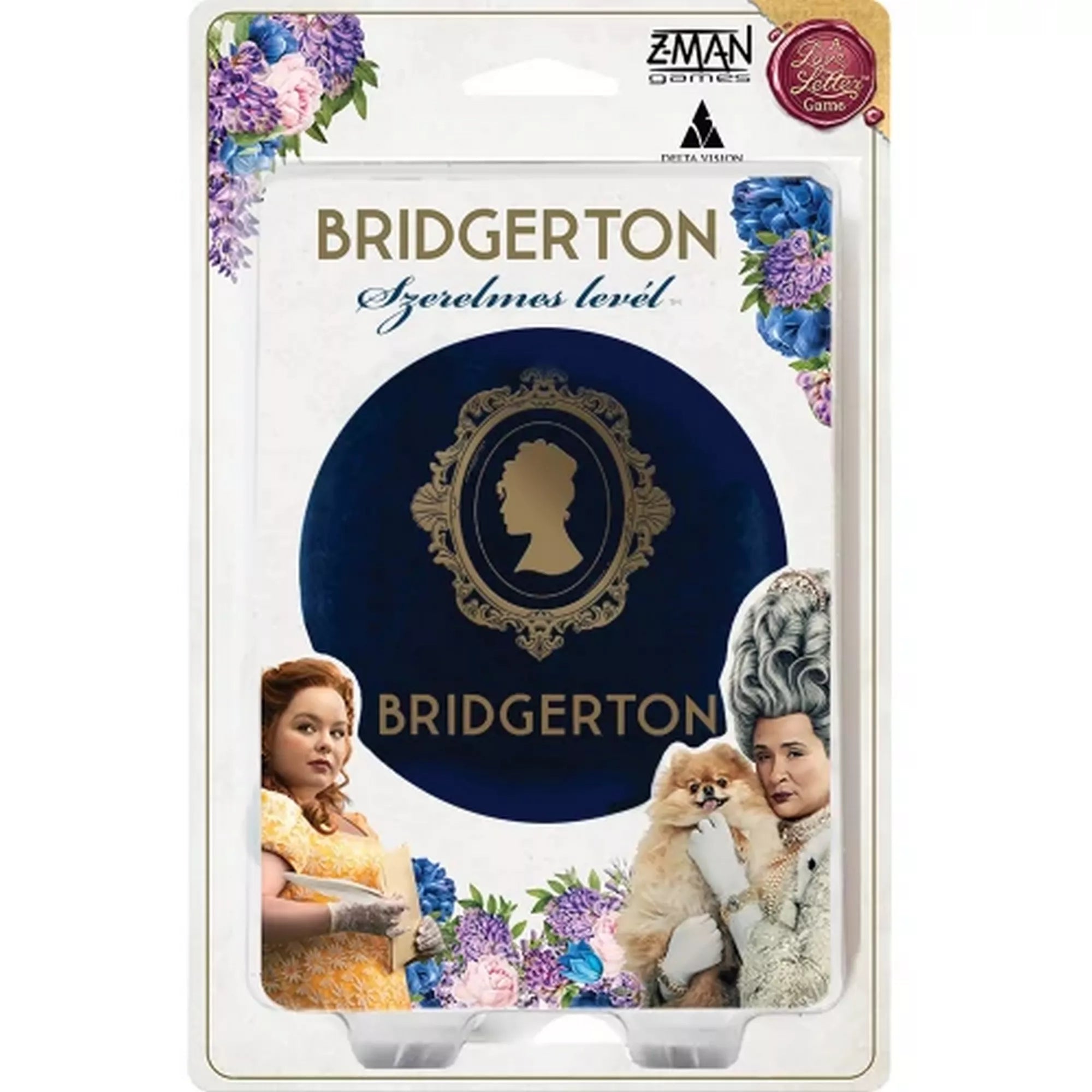 Szerelmes Levél: Bridgerton kártyajáték dobozkép, elegáns Bridgerton dizájn, Lady Whistledown sziluett, Love Letter univerzum