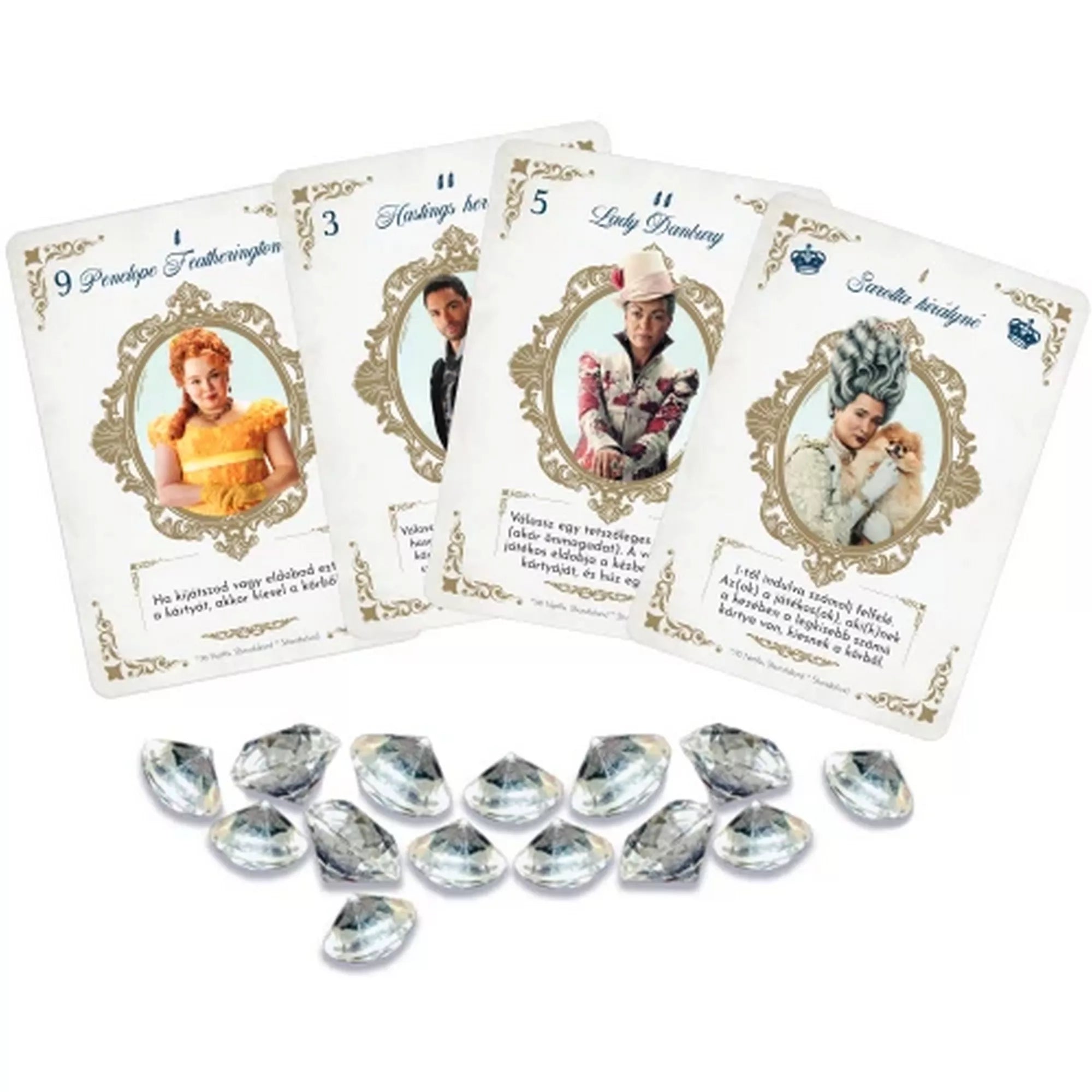 Szerelmes Levél: Bridgerton játékkártyák, Bridgerton szereplők portréival és átlátszó gyémánt jelölőkkel, dedukciós kártyajáték