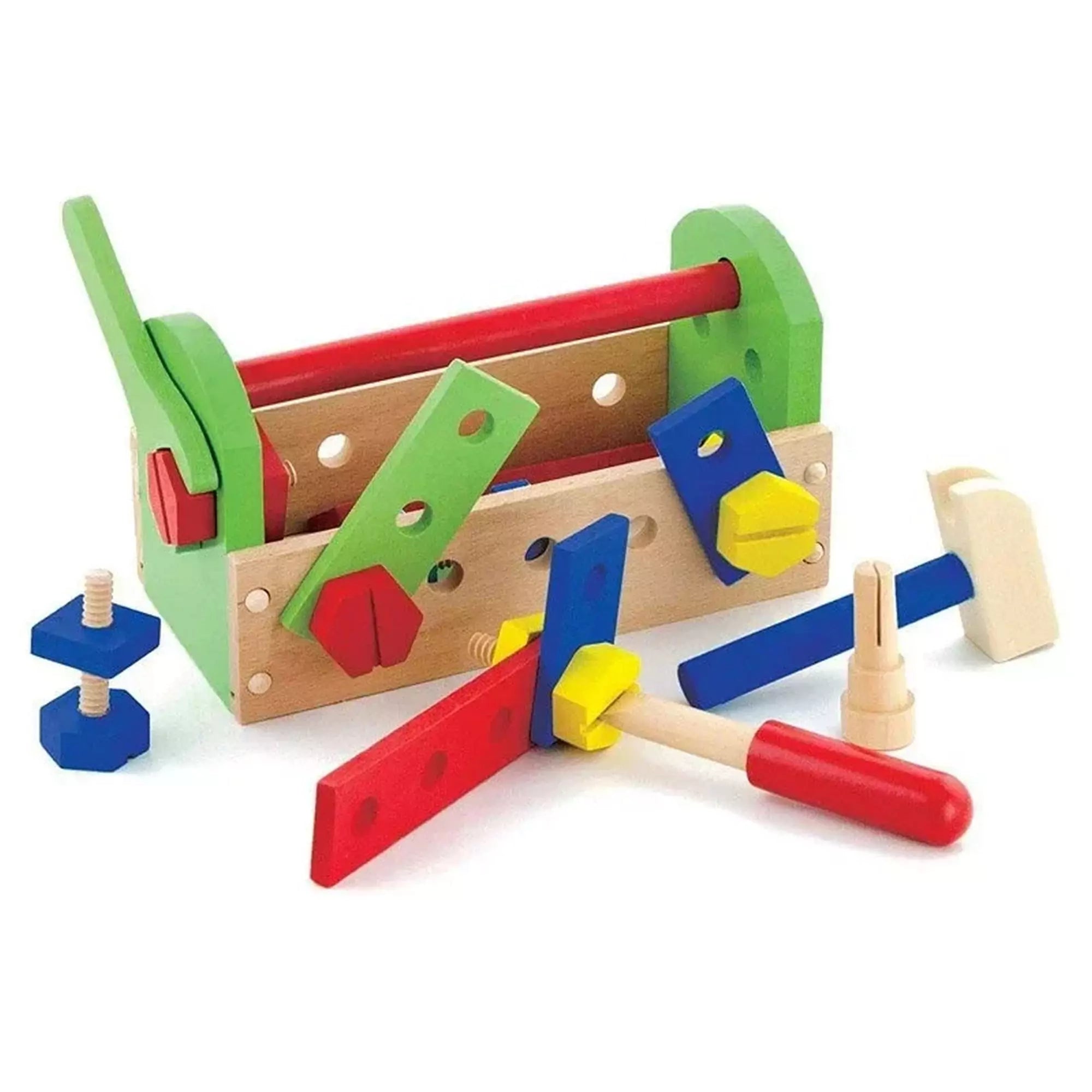 A Szerszámos láda, 24 darabos szett fából, Viga Toys játék közben, különböző szerszámok és csavarok elhelyezve a ládán és körülötte.