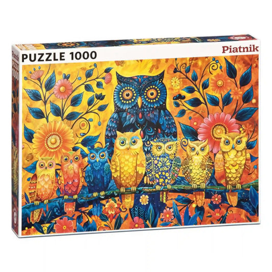 Piatnik Colorful Owls 1000 darabos puzzle doboza, színes baglyokkal egy ágon, virágokkal és díszes természetmotívumokkal, élénk kék, sárga és narancssárga színekben.