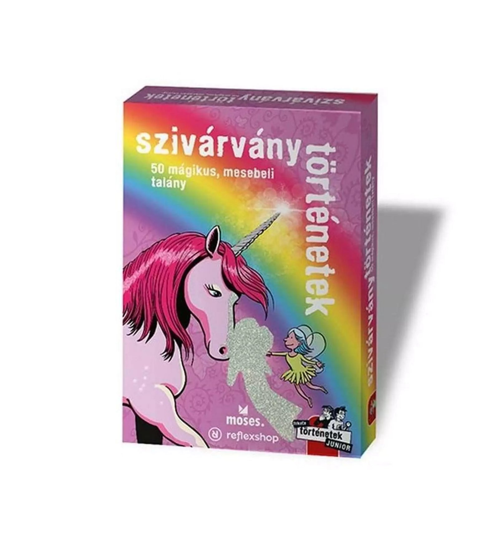 A „Szivárvány Történetek” című játék dobozán egy rózsaszín sörényű, fehér egyszarvú látható, amely mellett egy csillogó tündér lebeg. A háttérben egy szivárvány ível át, amely mágikus hangulatot kölcsönöz a grafikának. A doboz alján a „50 mágikus, mesebeli talány” felirat olvasható, amely a játék tartalmára utal.