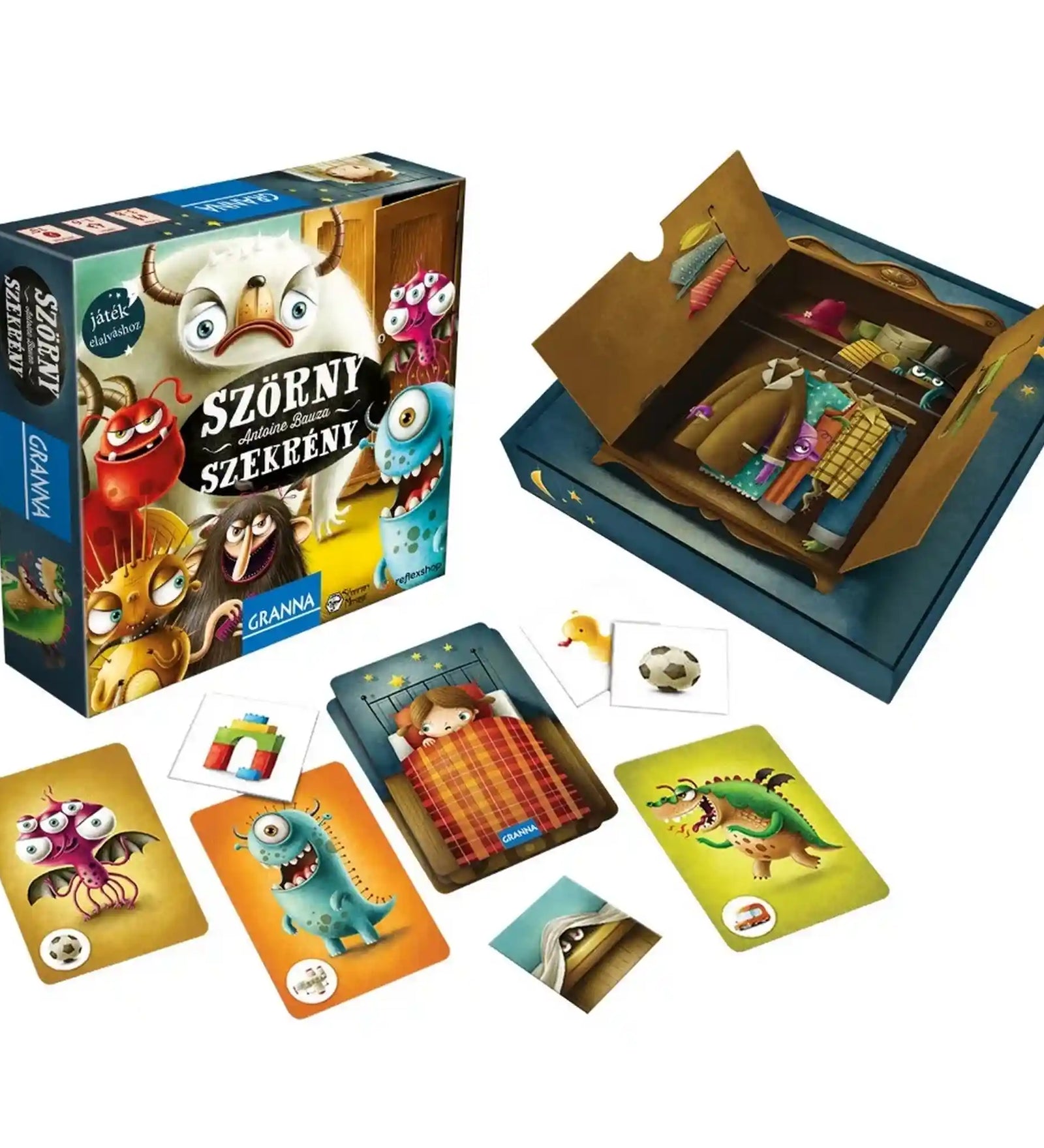 Szörnyszekrény társasjáték teljes tartalma dobozzal, 3D szekrénnyel, szörnykártyákkal és játékos zsetonokkal