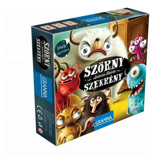 Szörnyszekrény társasjáték dobozképe vicces és színes szörnykarakterekkel, GRANNA kiadásban
