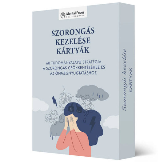 Szorongás kezelése kártyák magyar nyelvű társasjáték dobozképe, a csomagoláson szorongást ábrázoló illusztrációval és a 60 tudományalapú stratégia feliratával.