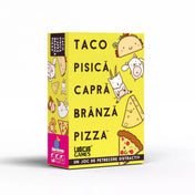 Taco Pisică Capră Brânză Pizza társasjáték dobozkép vidám taco, cica, kecske, sajt és pizzaszelet illusztrációkkal