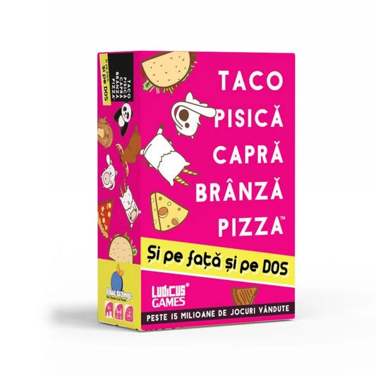 A Taco Pisica Capra Branza Pizza – Și pe față și pe dos román nyelvű társasjáték rózsaszín doboza, rajta tacóval, macskával, kecskével, sajttal és pizzával