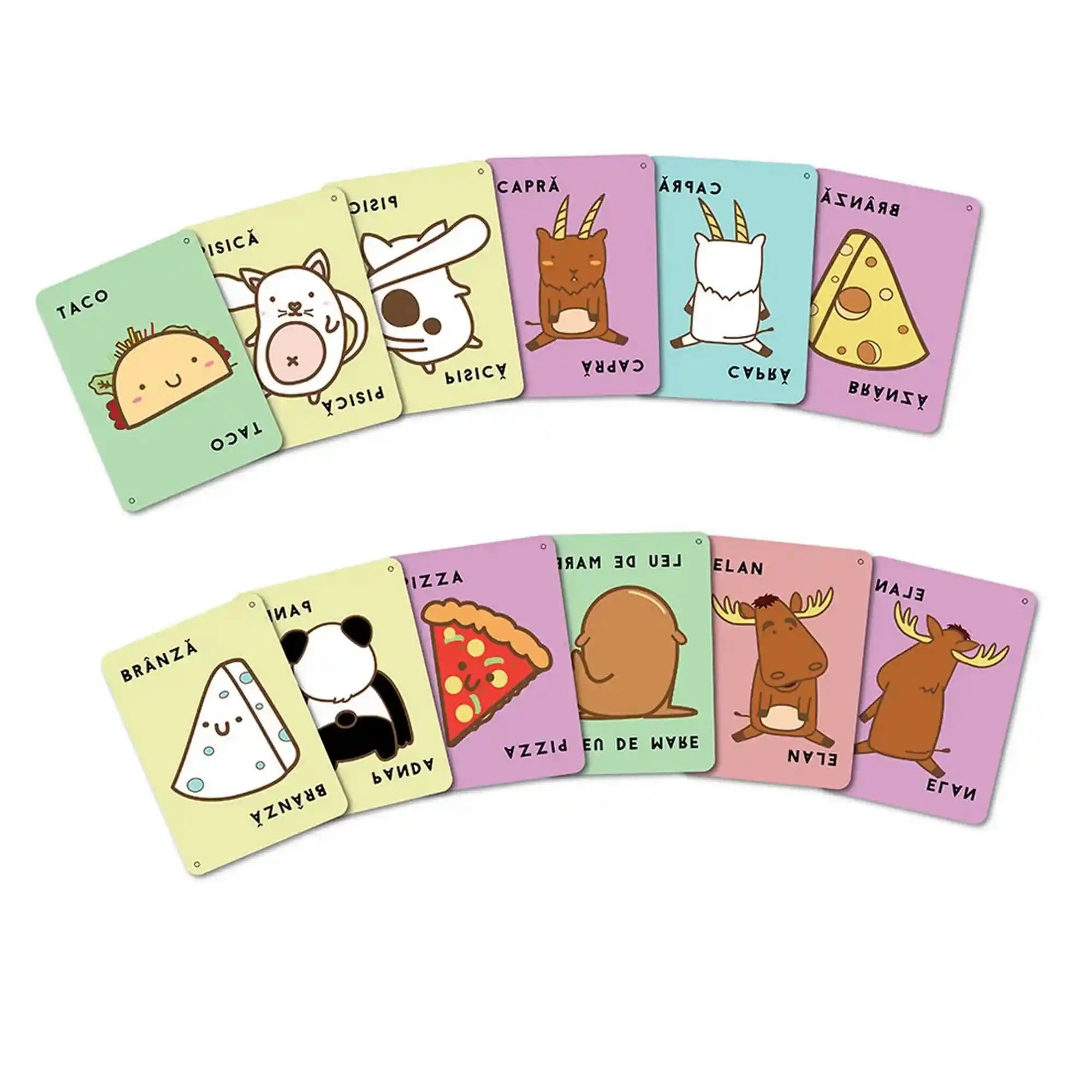 A Taco Pisica Capra Branza Pizza társasjáték színes, kétoldalas kártyái tacóval, macskával, kecskével, sajttal, pizzával és különleges állatfigurákkal