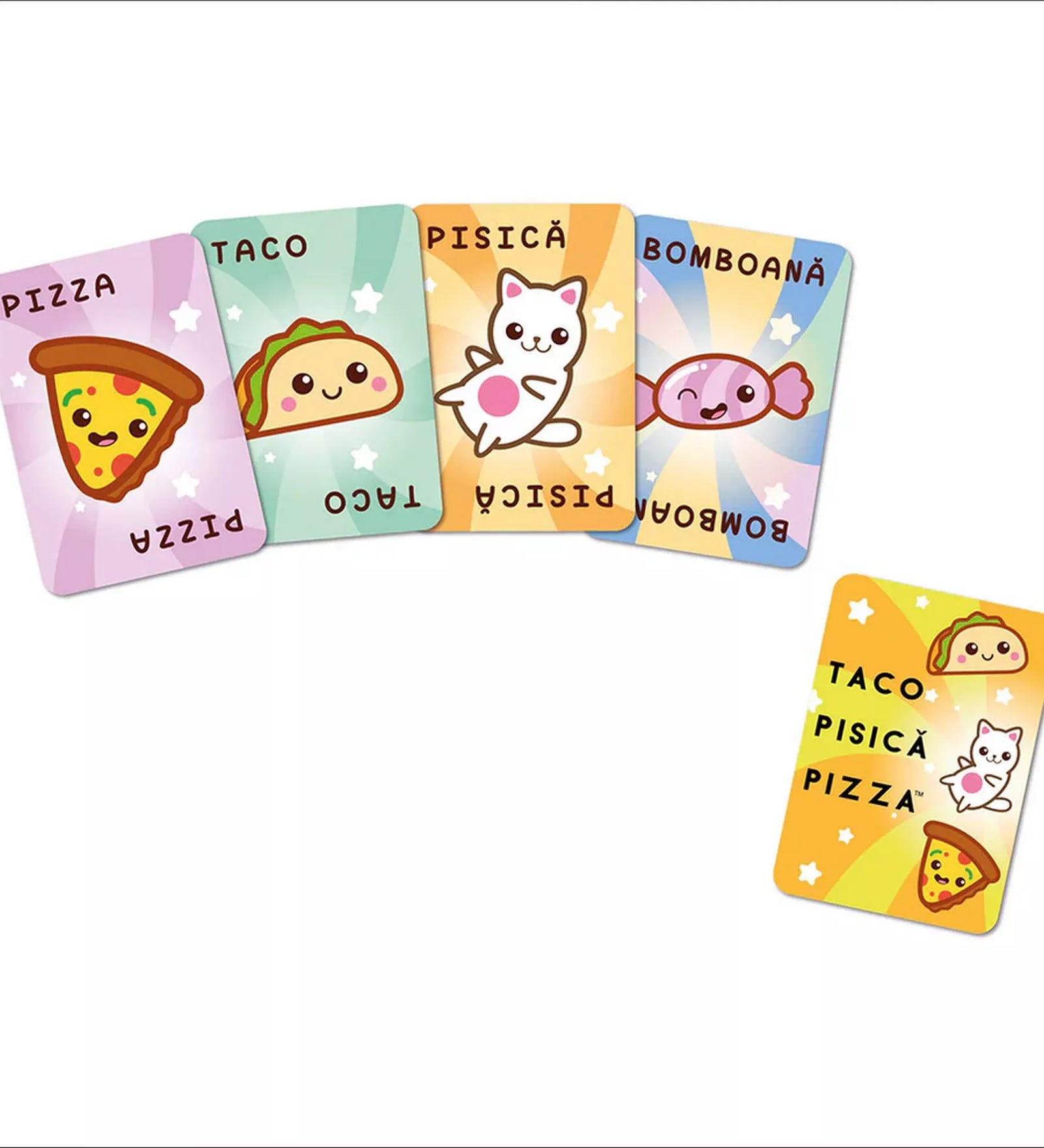 Taco Pisică Pizza társasjáték kártyák taco, pisică, pizza és bomboană illusztrációkkal