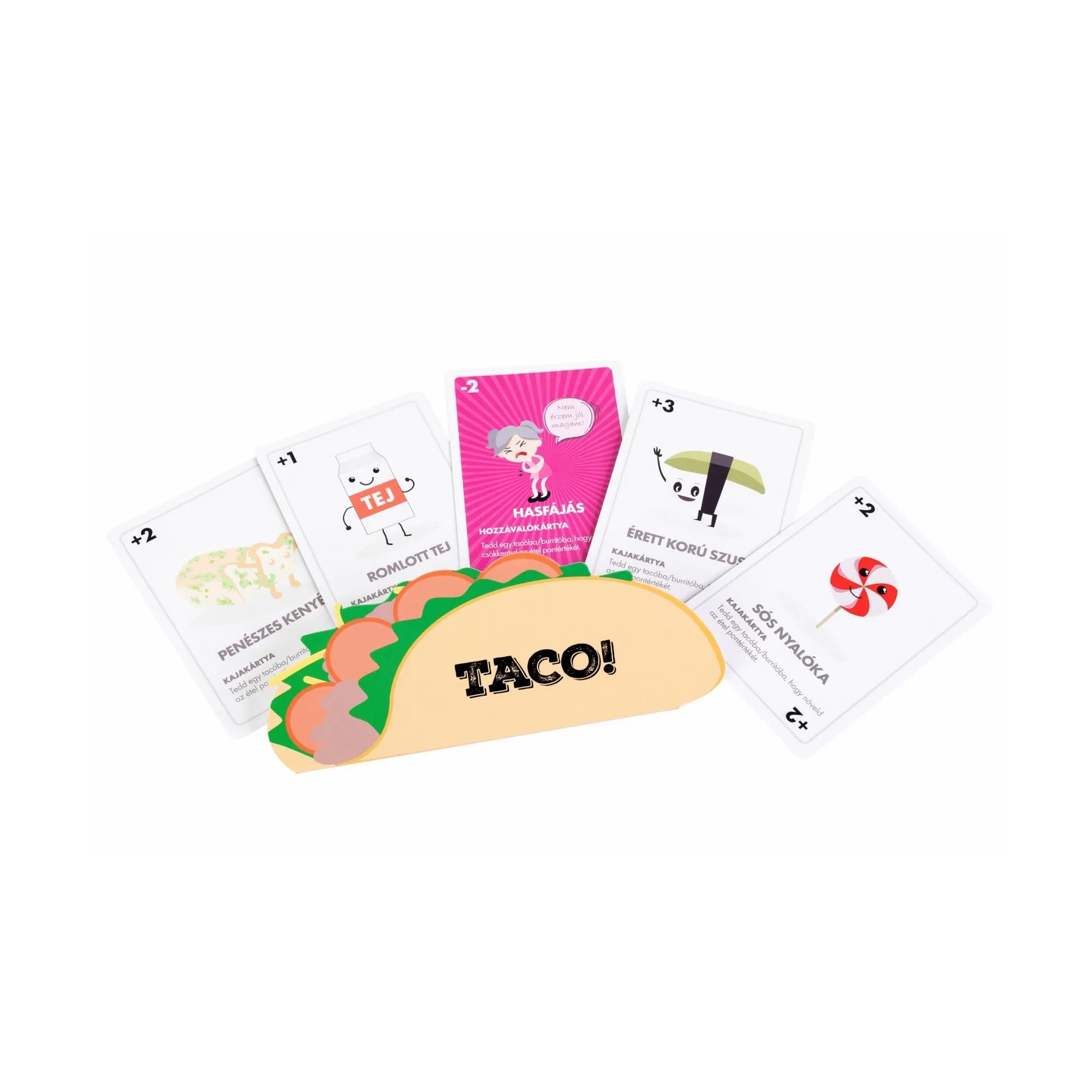 Taco vs Burrito magyar nyelvű társasjáték öt különböző kártyája és egy taco alakú kártyatartó fehér háttéren.