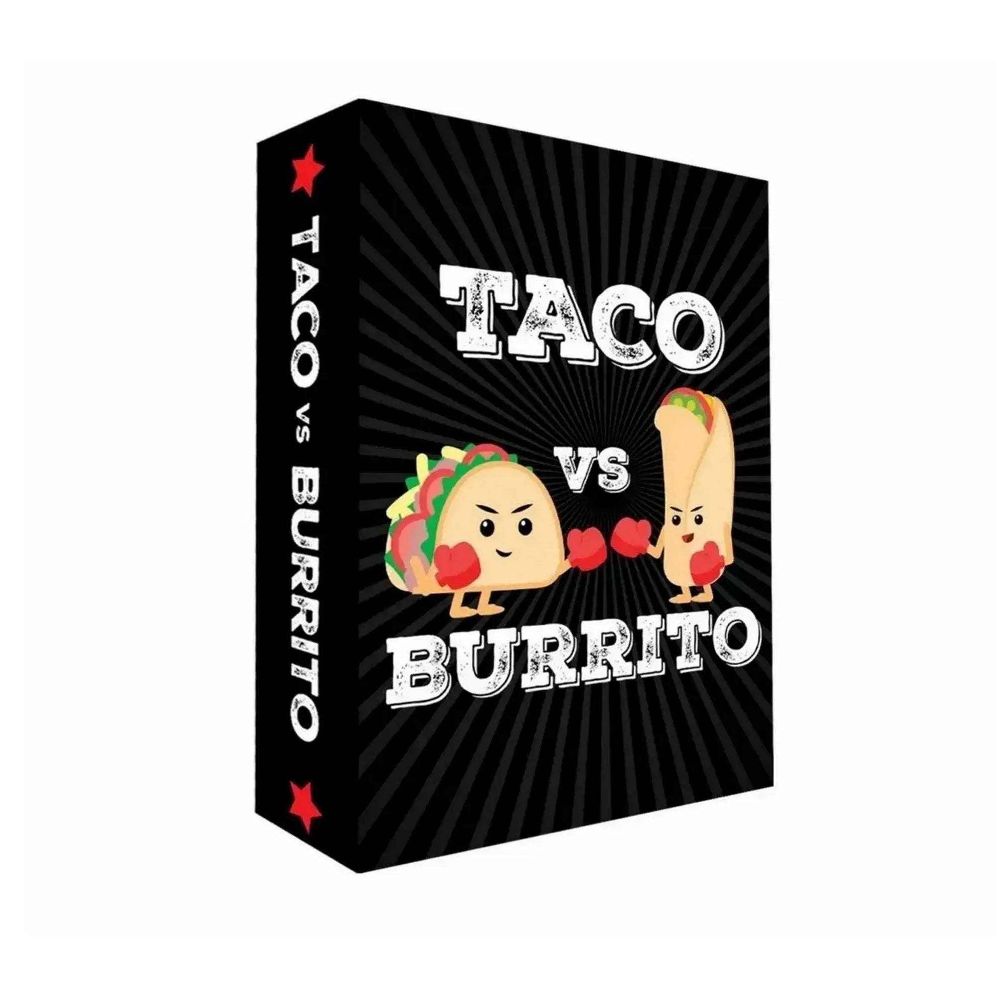 Taco vs Burrito magyar nyelvű társasjáték fekete doboza, rajta bokszkesztyűs taco és burrito figurákkal.