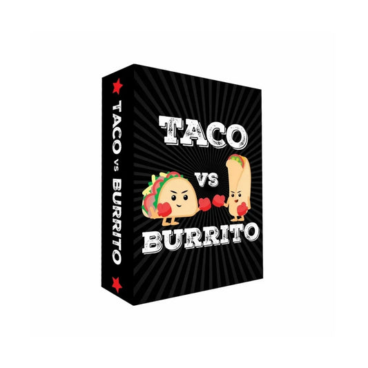 Taco vs Burrito magyar nyelvű társasjáték fekete doboza, rajta bokszkesztyűs taco és burrito figurákkal.