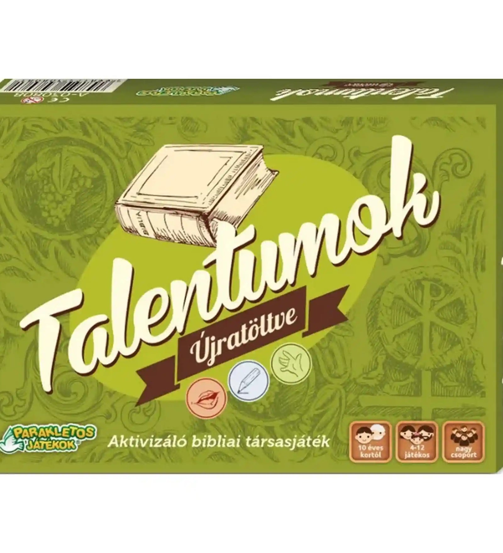 Talentumok – Újratöltve bibliai aktivitás társasjáték doboza zöld borítóval, rajzolós, mutogatós és körülírós feladatokkal.