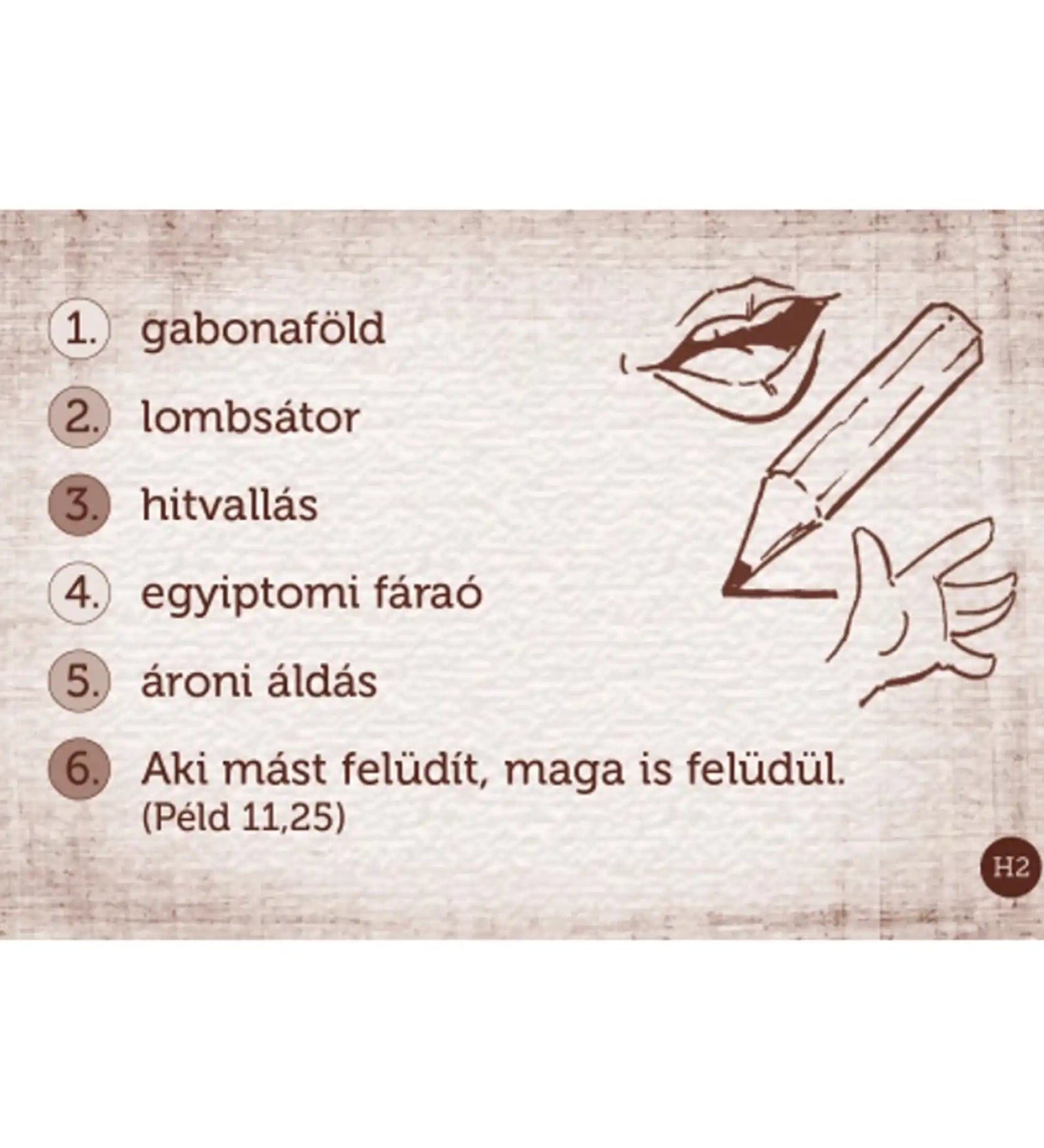 Talentumok – Újratöltve társasjáték játékkártyája bibliai szavakkal és idézettel, rajzolás, mutogatás vagy körülírás feladatokhoz.