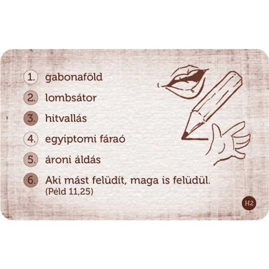Talentumok – Újratöltve társasjáték játékkártyája bibliai szavakkal és idézettel, rajzolás, mutogatás vagy körülírás feladatokhoz.