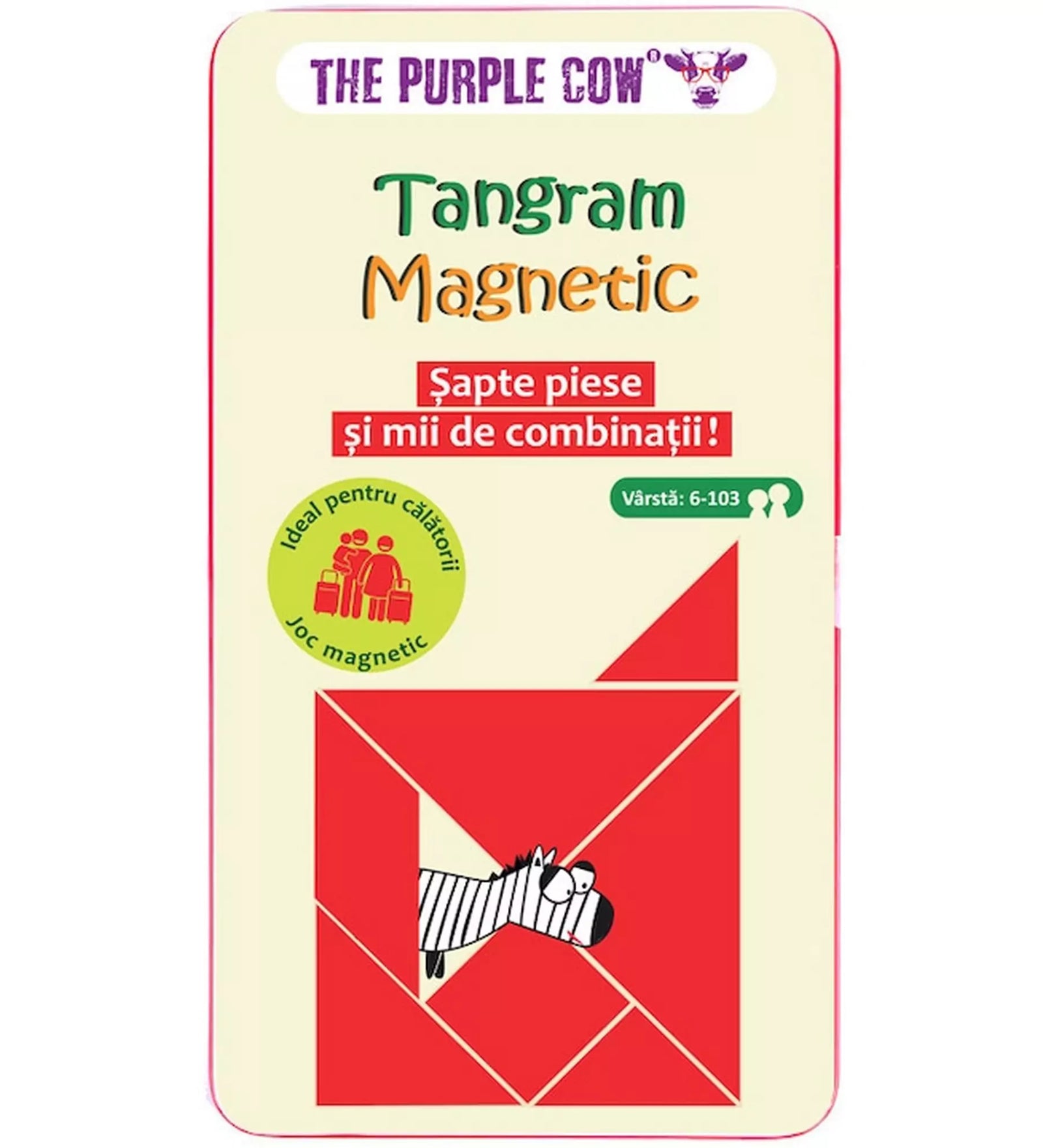 A "Tangram Magnetic" játék színes borítója, amely bemutatja a hét mágneses elemből alkotott kombinációk végtelen lehetőségét.