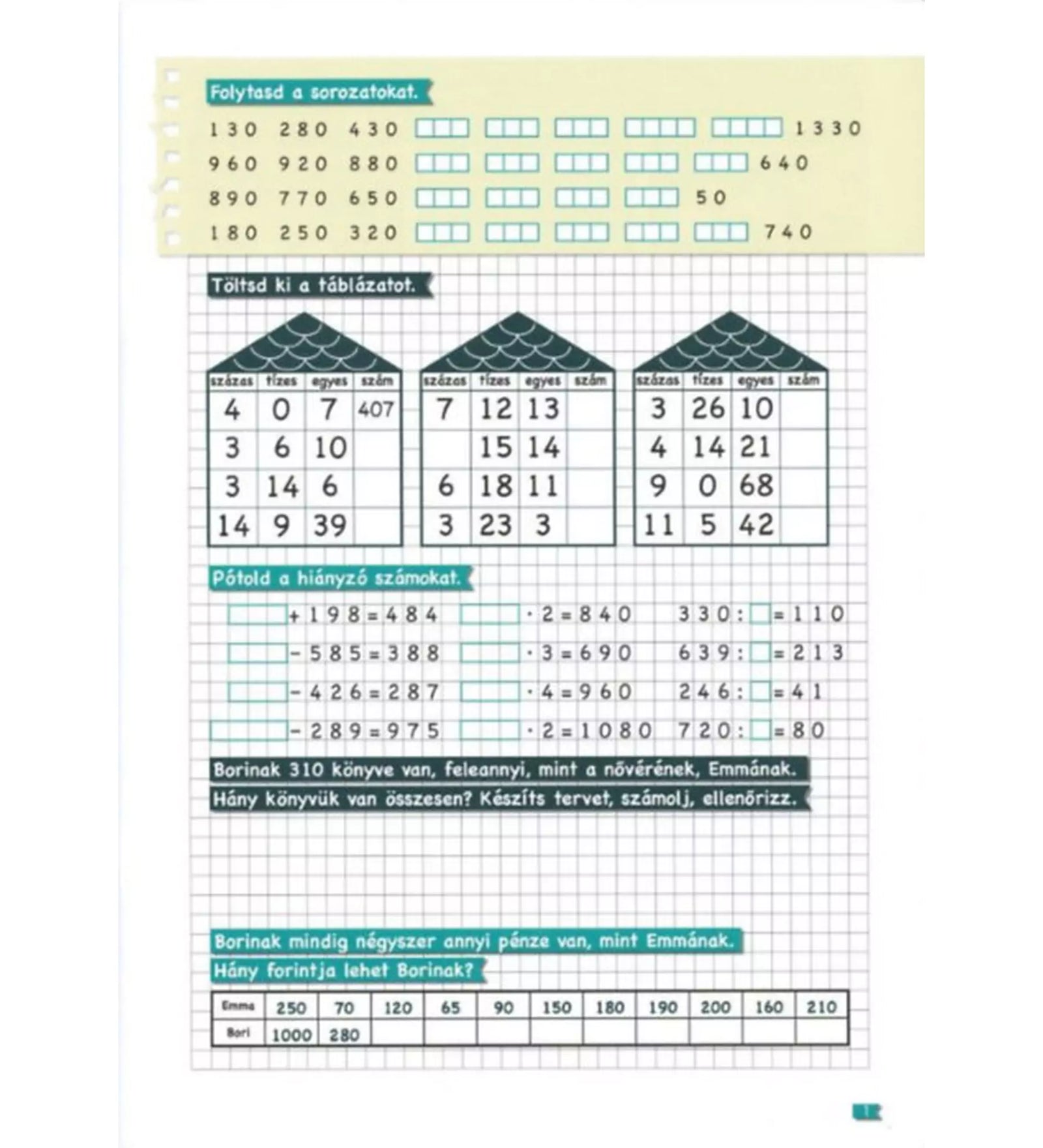 Oldal a Tanoda gyakorlófeladatok negyedikeseknek 1. munkafüzetből, számsorozatokkal, táblázatokkal és matematikai szöveges feladatokkal.