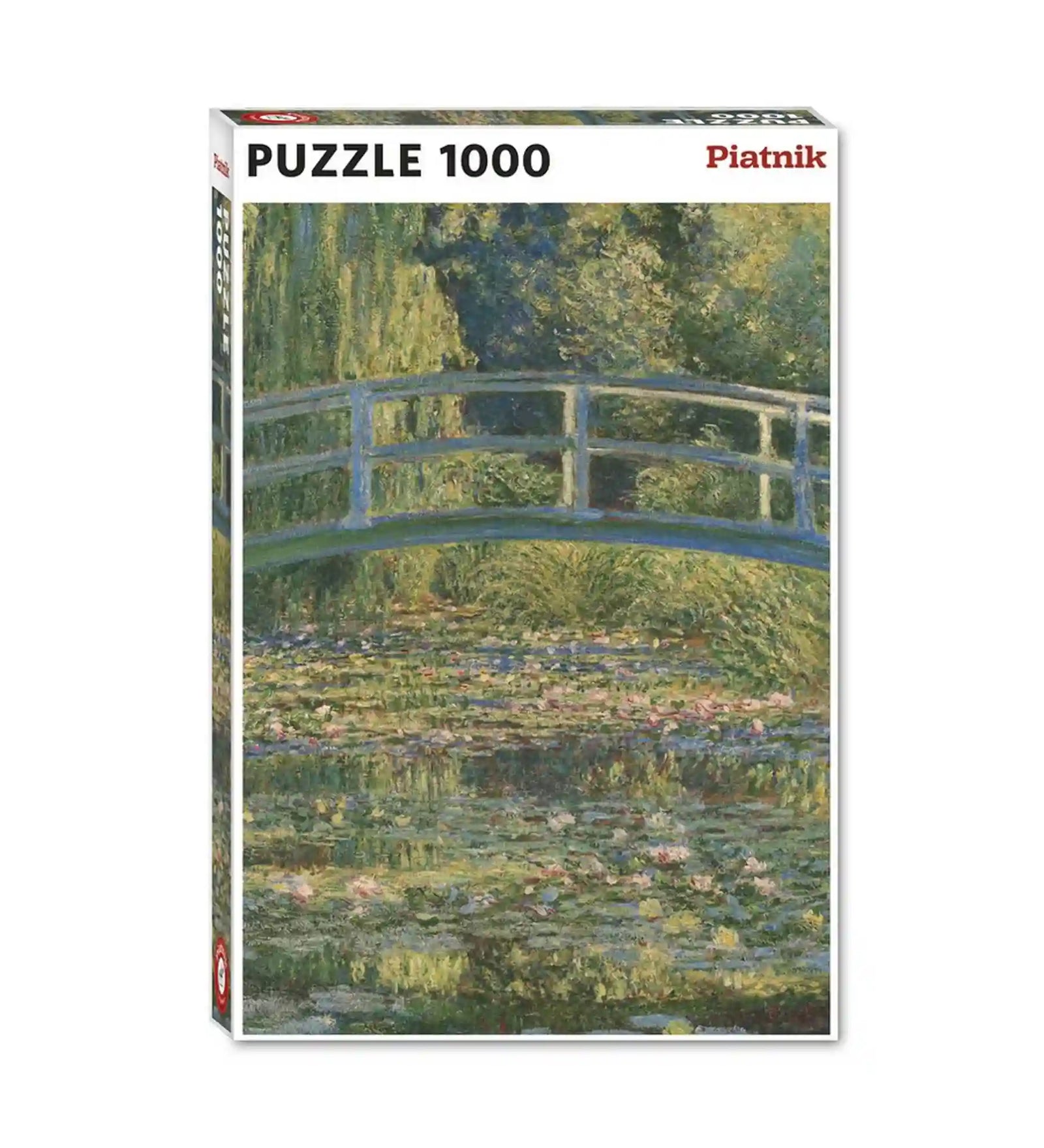 Piatnik Water Lilies – Claude Monet 1000 darabos puzzle doboza a híres Tavirózsák festmény részletével, japán híddal és tavirózsás tóval.