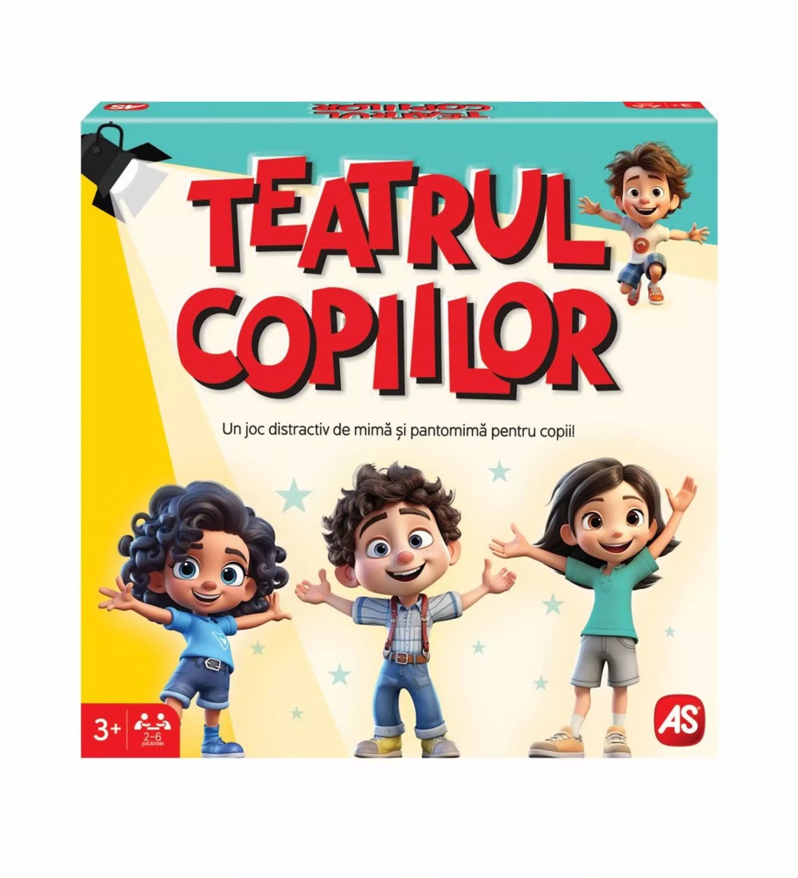 A "Teatrul Copiilor" társasjáték színes, vidám doboza, amely a játék témáját és célközönségét mutatja be.
