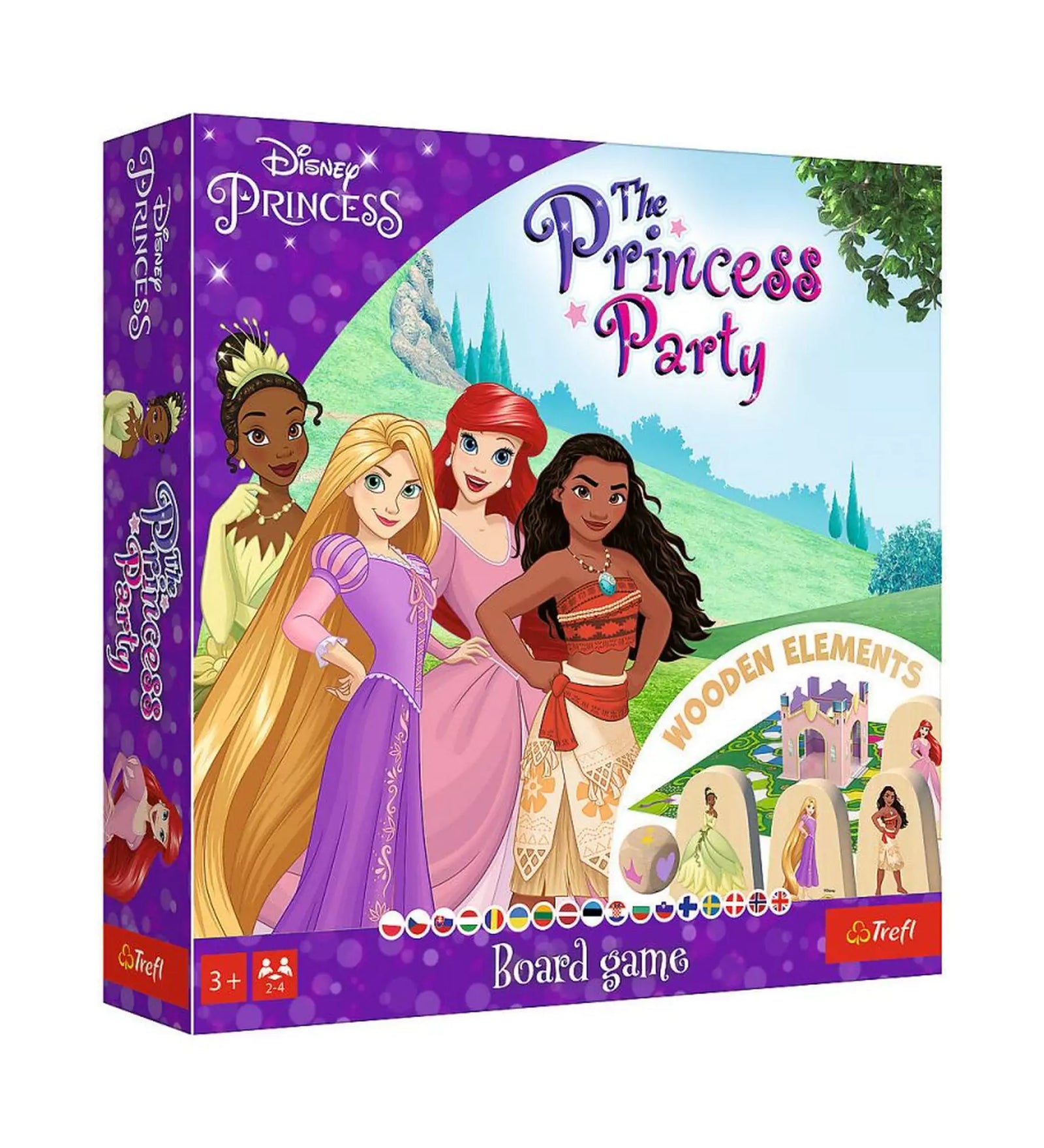 A Hercegnői buli társasjáték doboza Disney hercegnőkkel: Rapunzel, Ariel, Moana és Tiana látható a színes borítón.