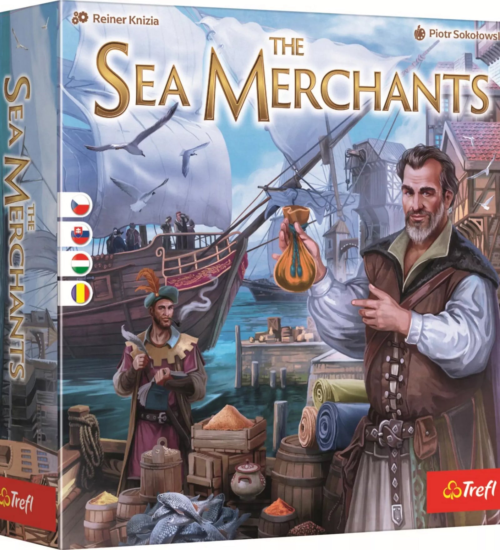 The Sea Merchants – Tengeri kereskedők társasjáték doboza, tengerparti piacot és hajós jelenetet ábrázoló illusztrációval.