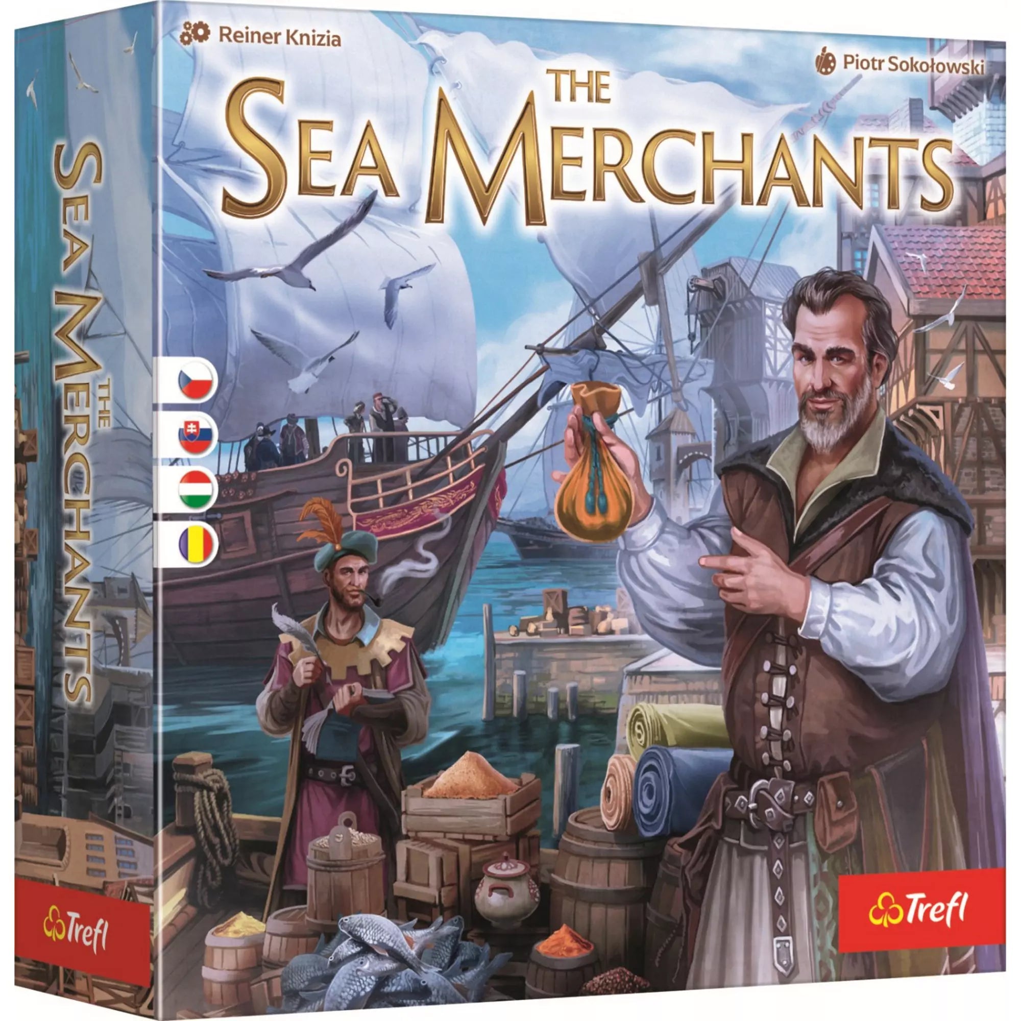 The Sea Merchants – Tengeri kereskedők társasjáték doboza, tengerparti piacot és hajós jelenetet ábrázoló illusztrációval.