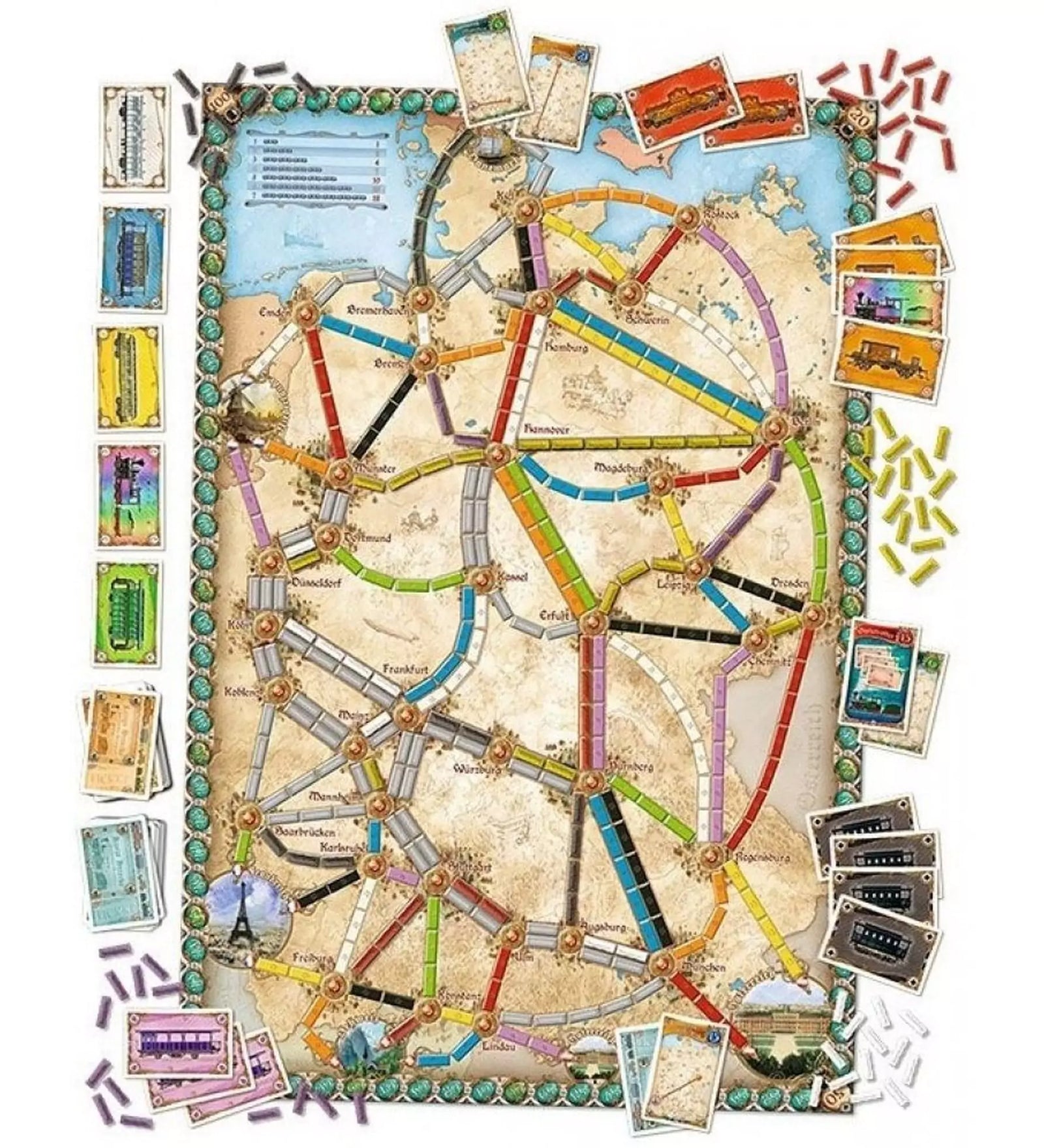 „Ticket to Ride: Germany angol nyelvű társasjáték térképe és komponensei, városokat összekötő színes útvonalakkal és kártyákkal körülvéve.”