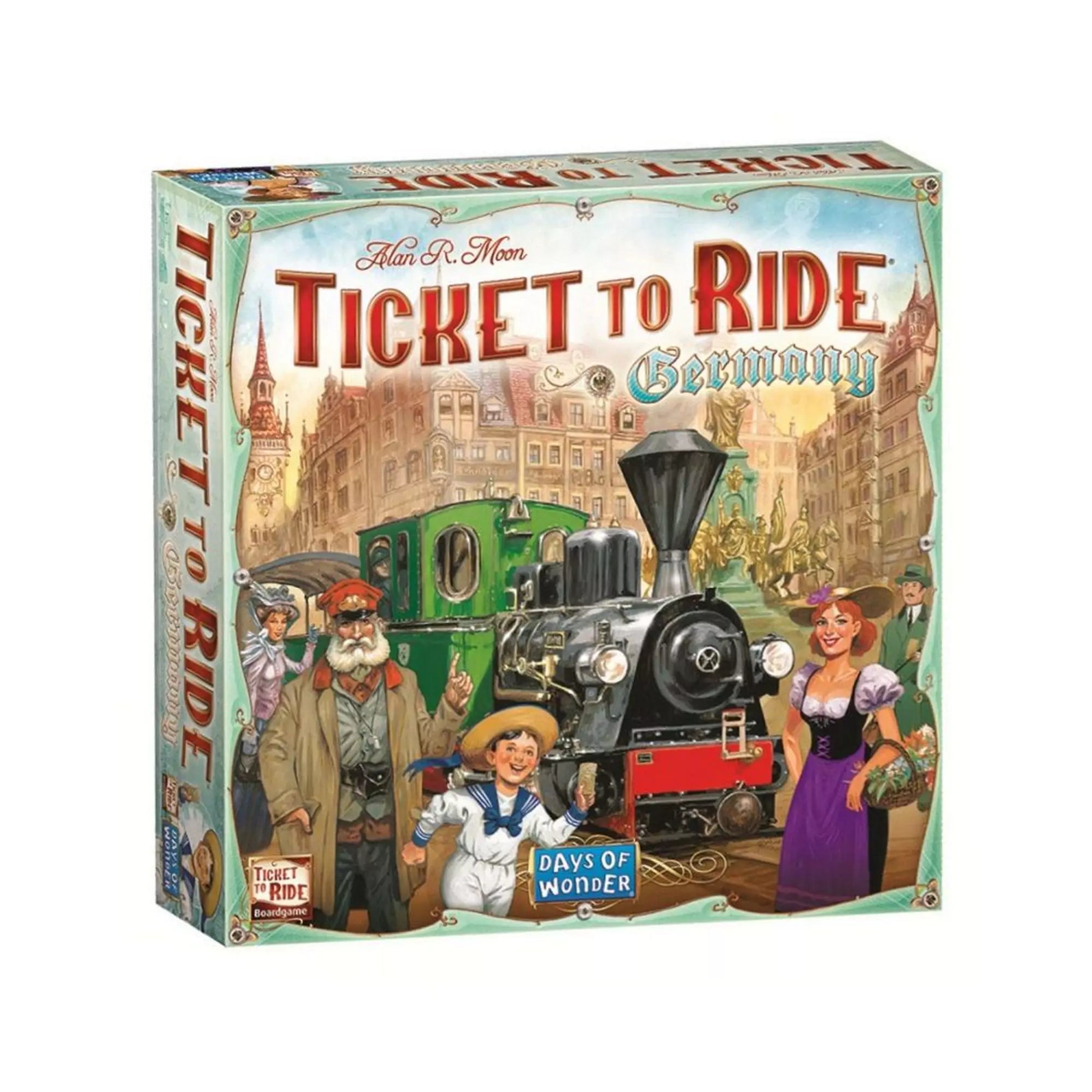 „Ticket to Ride: Germany angol nyelvű társasjáték doboza, színes illusztrációval és gőzmozdonnyal a városi háttér előtt.”