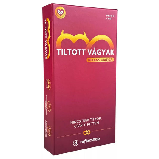 Tiltott vágyak: Pikáns kiadás doboza enyhén oldalnézetből, fehér háttéren készült termékfotón.