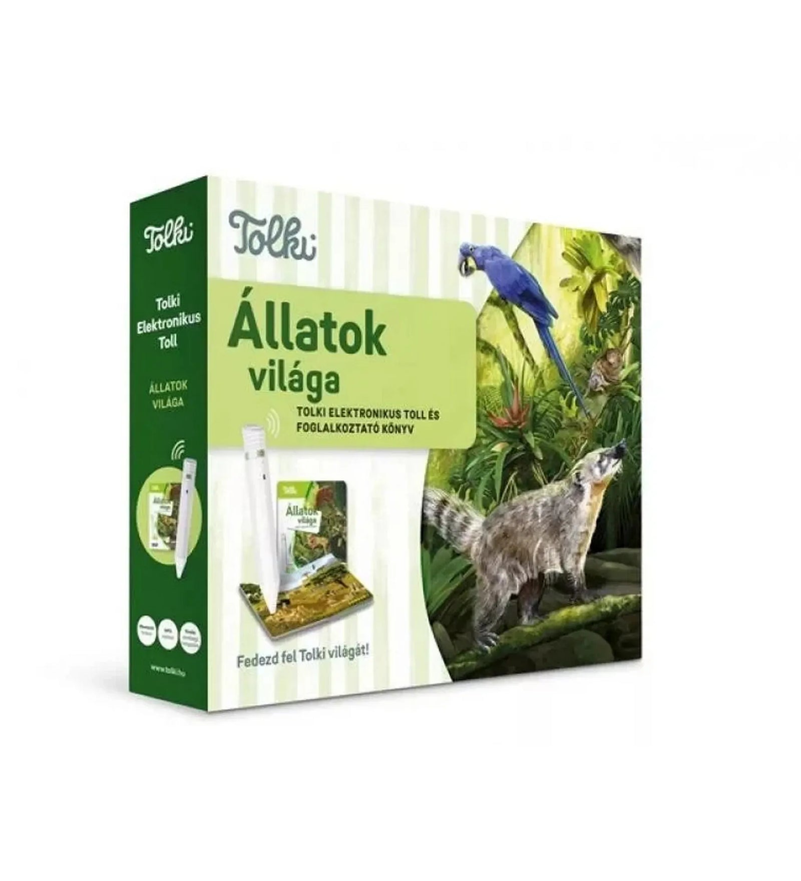 olki Állatok világa interaktív hangoskönyv készlet elektronikus tollal, állatos ismeretterjesztő könyv színes dzsungelillusztrációval és több mint 900 hanganyaggal gyermekek számára.