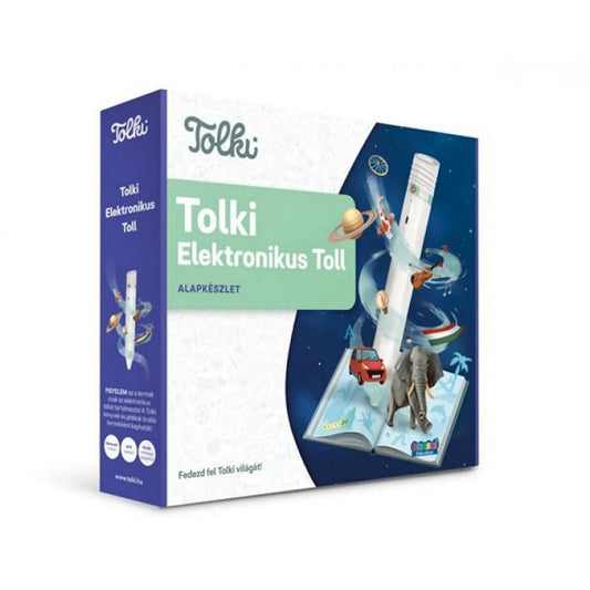 A Tolki Elektronikus Toll alapkészlet doboza, amelyen a tollból előtűnő 3D-s elemek – például elefánt, autó, delfin és bolygók – jelennek meg egy nyitott könyv fölött.