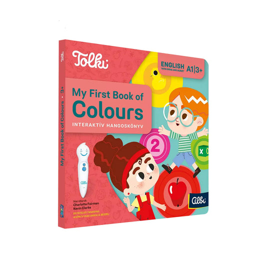 Tolki My First Book of Colours interaktív hangoskönyv doboza vidám, színes illusztrációkkal és tanuló tollal