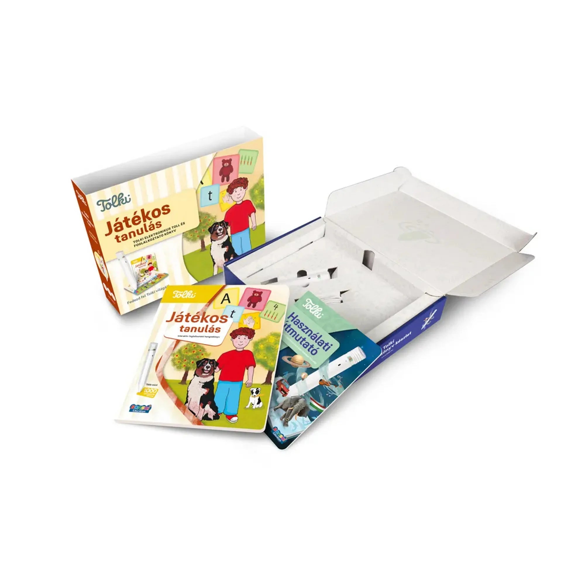 A Tolki Játékos tanulás készlet tartalma kiterítve: a foglalkoztató könyv, a használati útmutató és a csomagolás belső része.