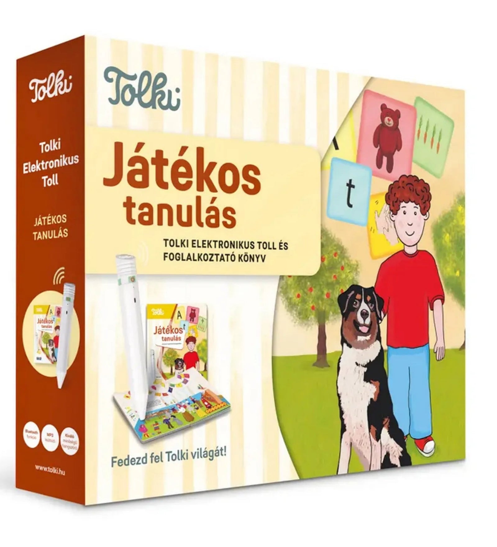 A Tolki Játékos tanulás készlet doboza, rajta a fiú és kutya illusztrációjával, valamint az elektronikus toll és a foglalkoztató könyv képeivel.