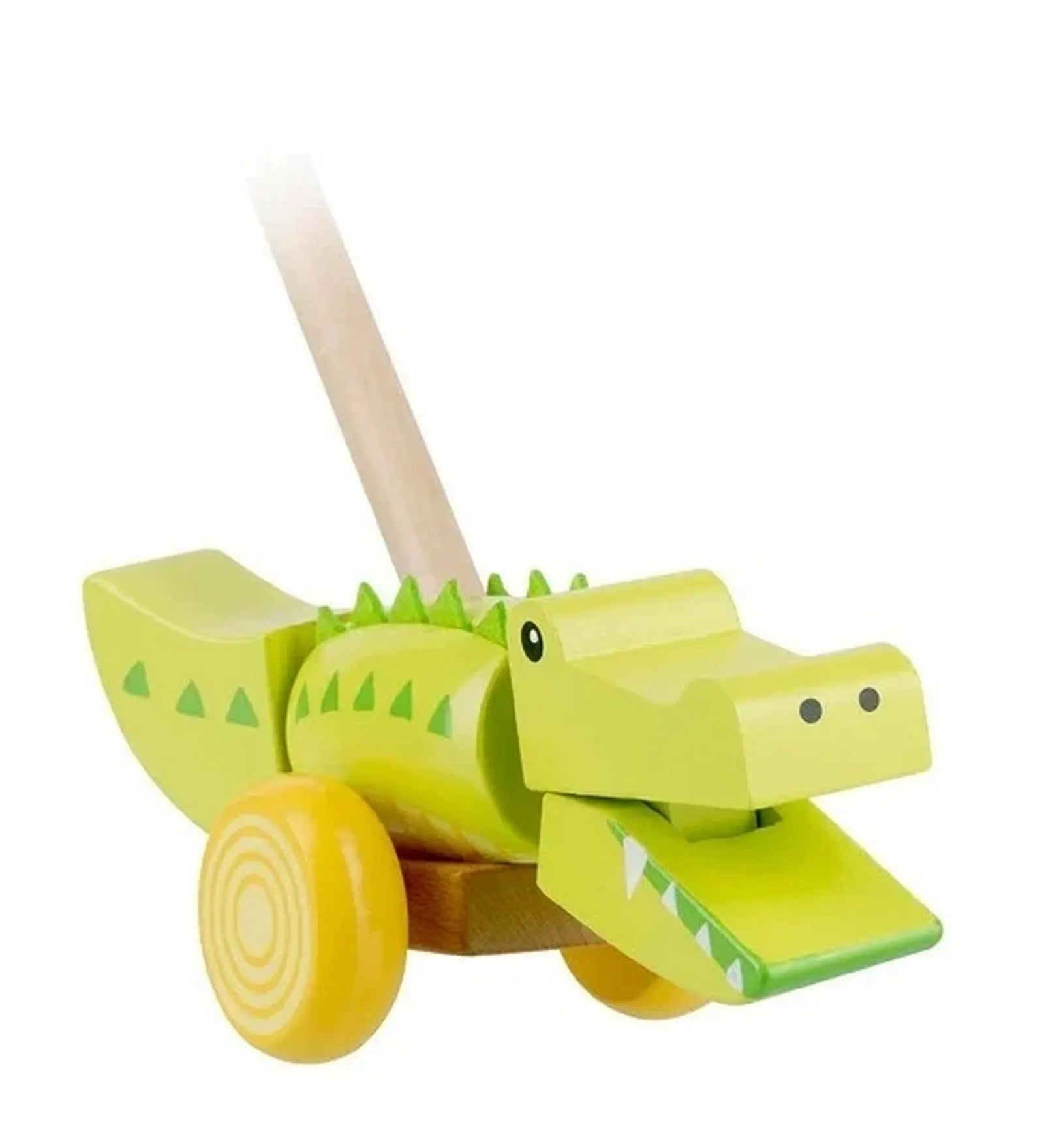 Tologatható krokodil – Orange Tree Toys fa tologatós játék krokodil formában, vidám zöld színben, kerekekkel és fogantyúval.