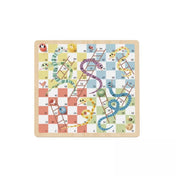 A Tooky Toy „Kígyók és létrák” játéktábla részletes képe. Színes létrák és kanyargó kígyók vezetnek a 100-as célmezőhöz, állatfigurás bábukkal.