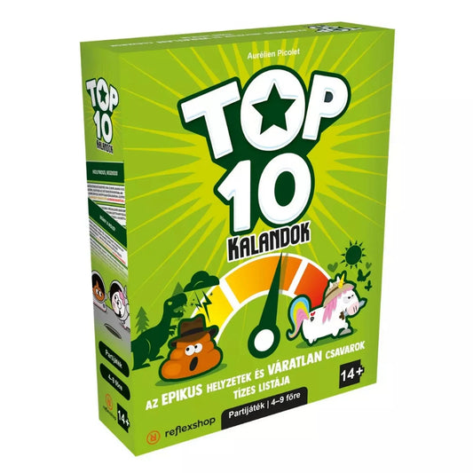 Top 10 Kalandok magyar nyelvű társasjáték zöld doboza unikornisos és kalapos karakterekkel.