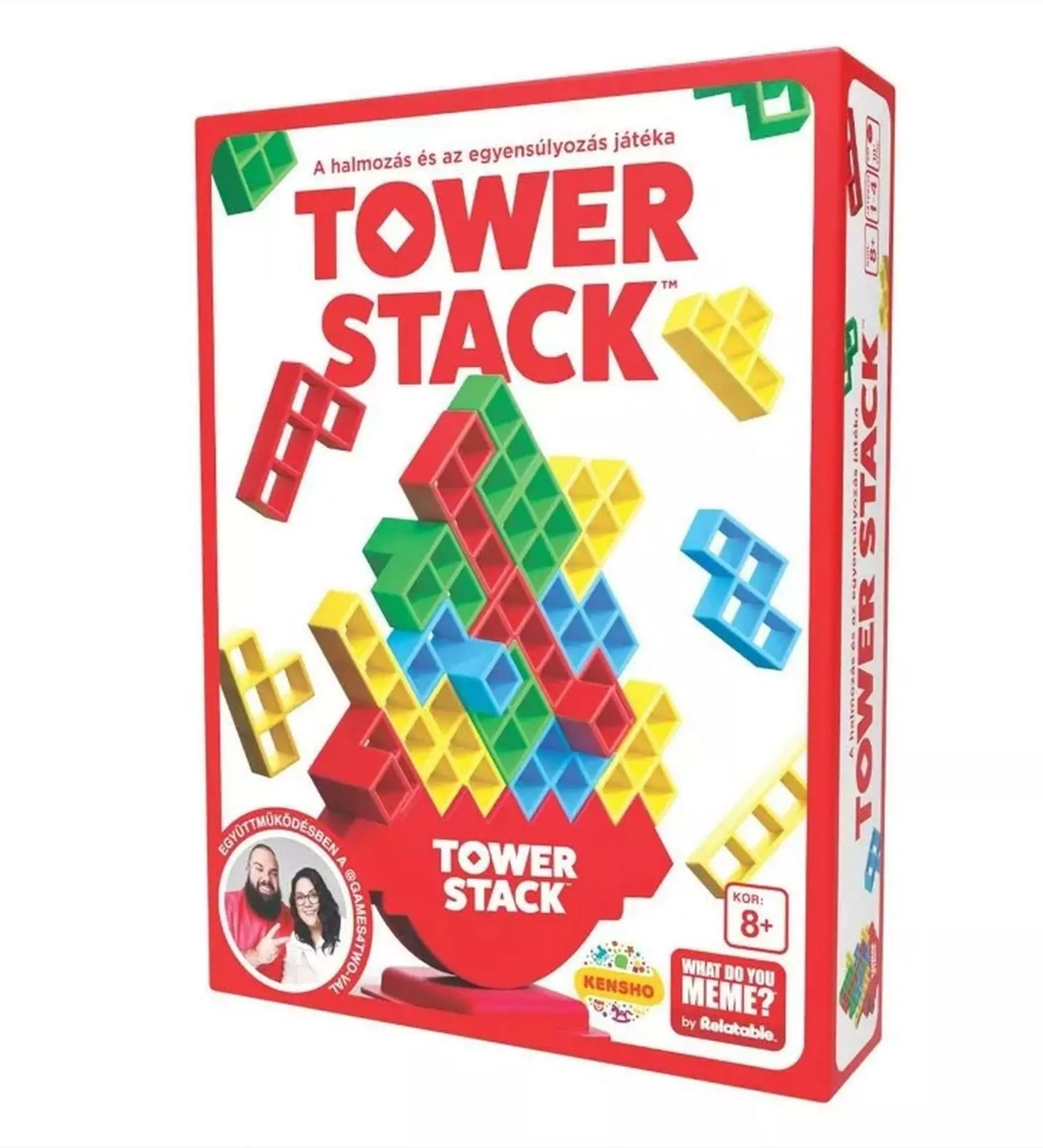 Tower Stack társasjáték doboza, színes építőelemekkel és a piros alapra helyezett torony grafikájával, 8 éves kortól ajánlva.
