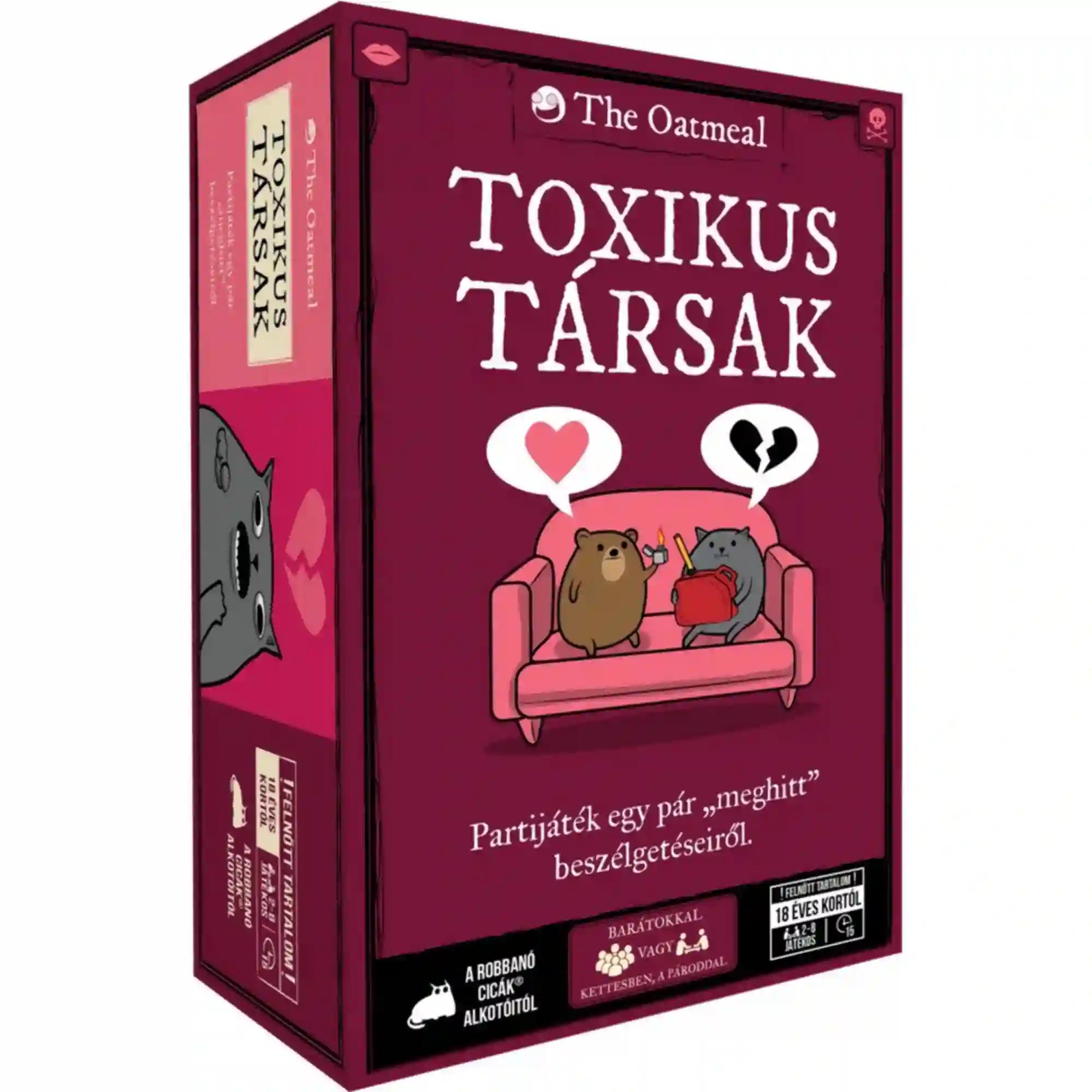 Toxikus társak magyar nyelvű társasjáték bordó doboza, rózsaszín kanapén ülő barna medvével és szürke macskával.